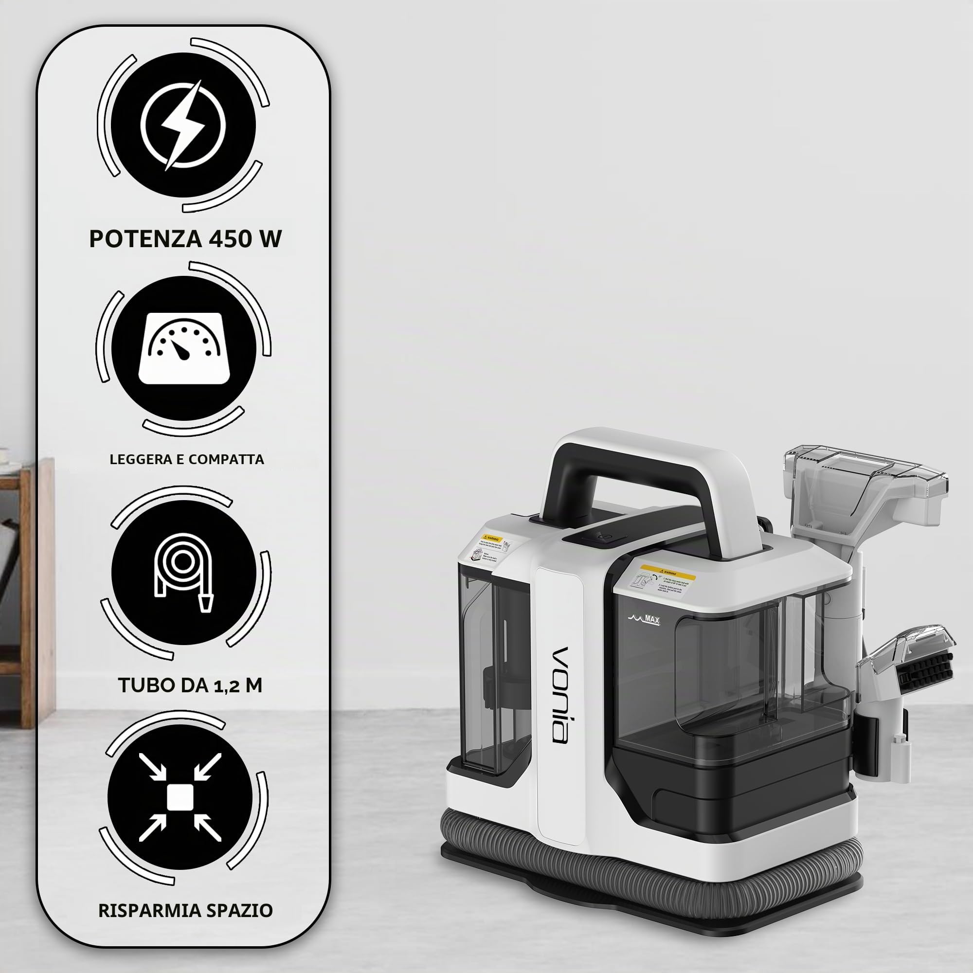 Vonia Pulitore portatile per tappeti – 450W Pulitore per tappezzeria e macchie | Smacchiatore portatile per divani, tappeti, sedili auto, materassi e tessuti (Bianco)