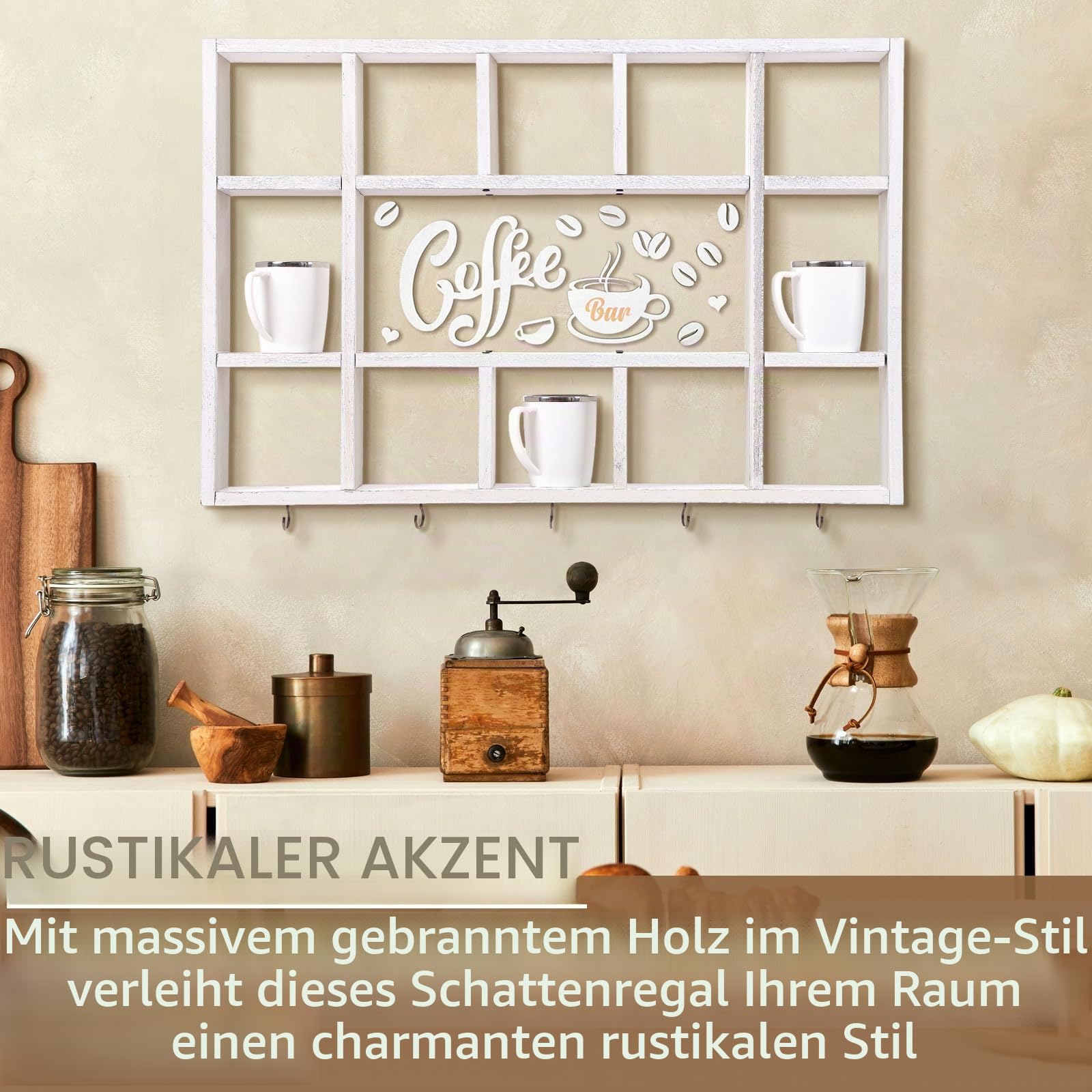 Cinnvoice Übergroße Kaffeetassen-Ausstellungsregal für Wand, altweiß