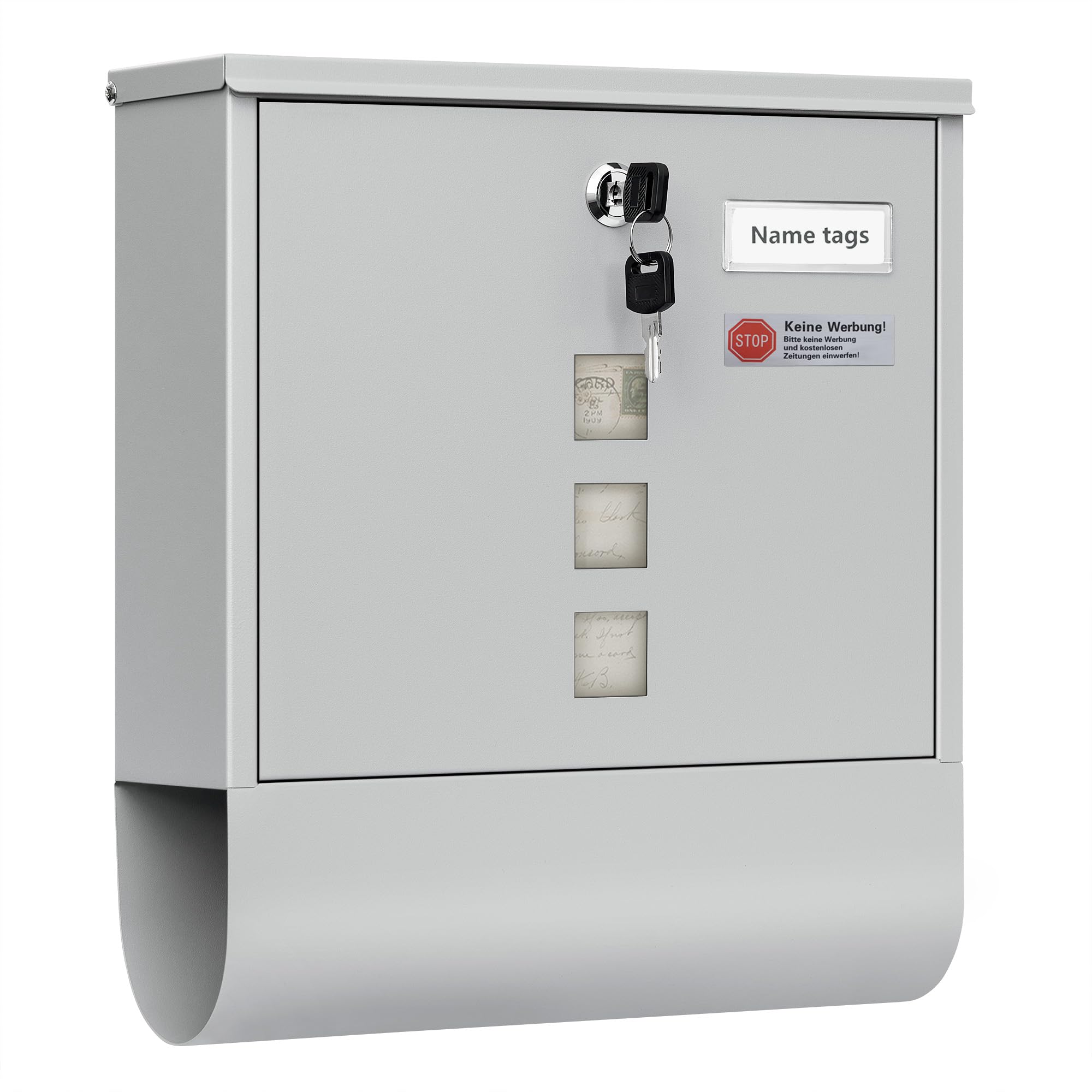 WOLTU Briefkasten mit Zeitungsfach Sichtfenstern, Postkasten mit Namensschild personalisiert, Wandbriefkasten abschließbar, inkl. 2 Schlüssel, modern, 10 x 30,8 x 33,8 cm, Grau BK006gr4