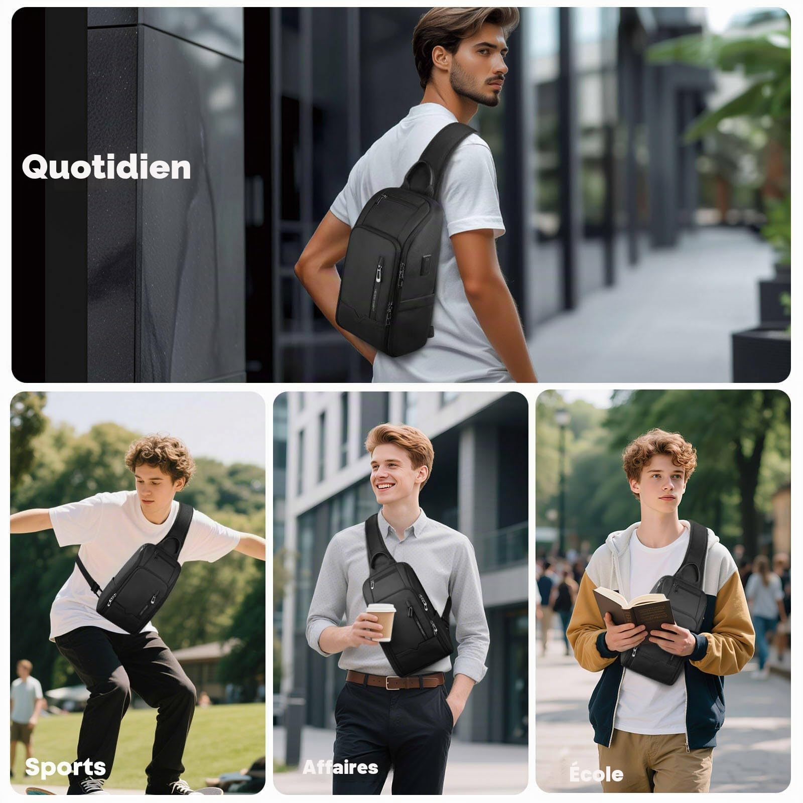 Sac Bandoulière pour Homme avec Port de Chargement USB, Antivol et étanche, Sac de Poitrine, Sac à dos à Bandoulière avec Multiples poches pour Voyages travail et Quotidien – Noir
