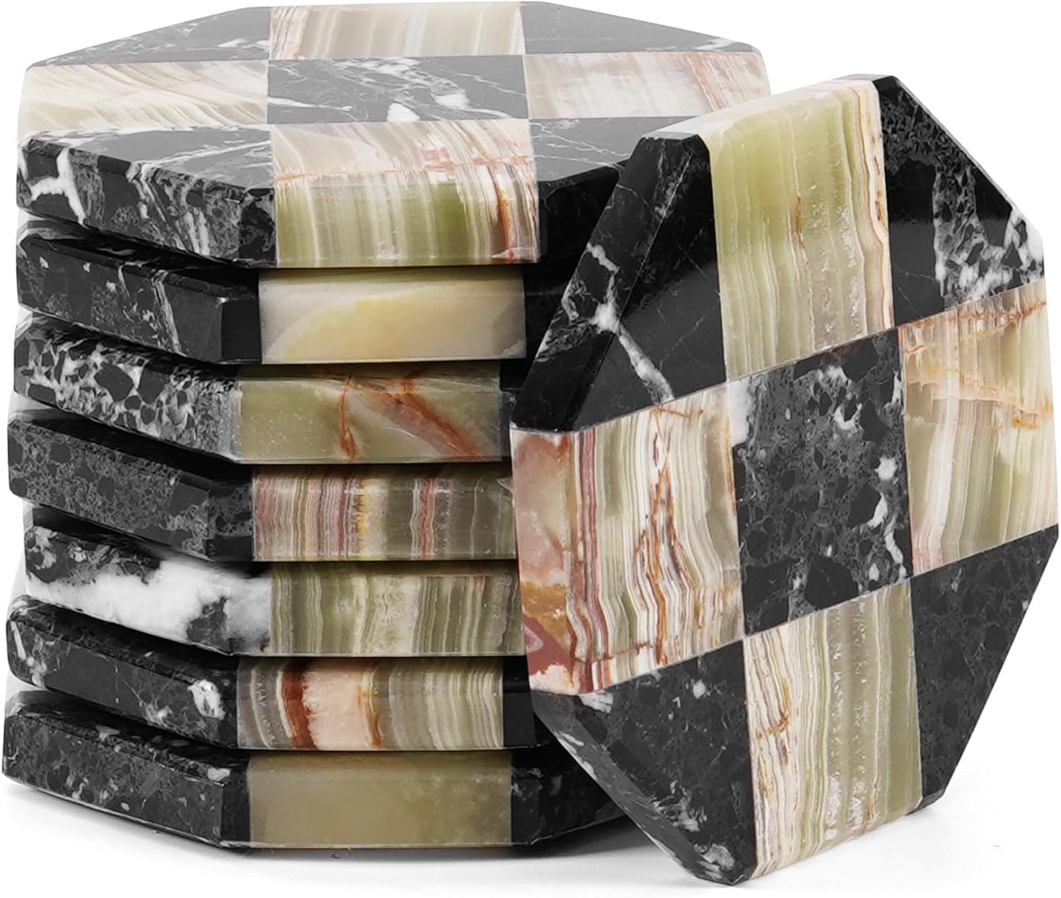 Handmade Marble Coasters Set of 8, Zebra Black & Green 4 inch Natural Stone Drink Coasters, Elegant Table Protection for Kitchen, Dining & Home