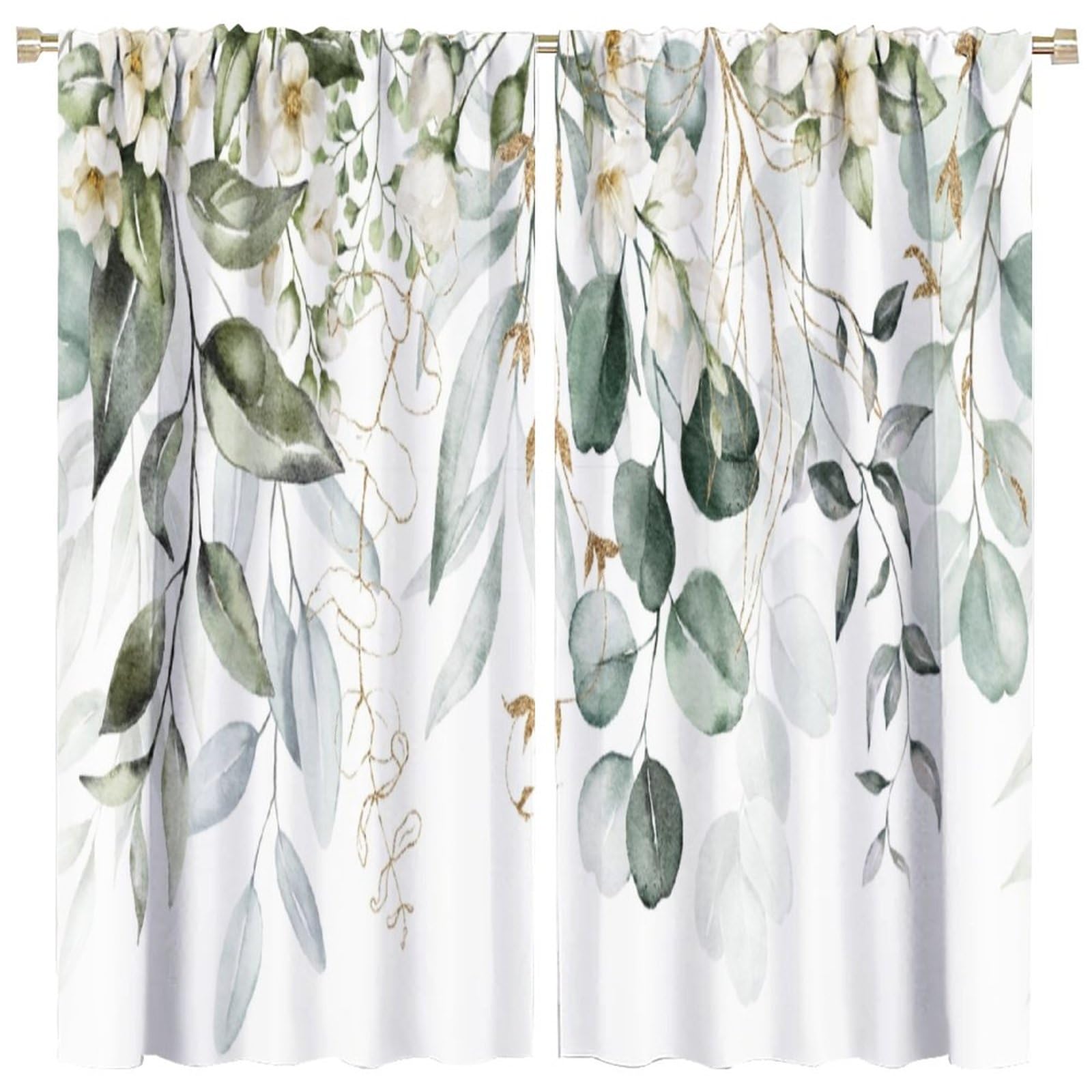 Green Eucalyptus Leave Curtains Watercolor Floral Spring Botanical Blackout Print Rod Pocket Window Drapes for Bedroom Living Room 84x84in