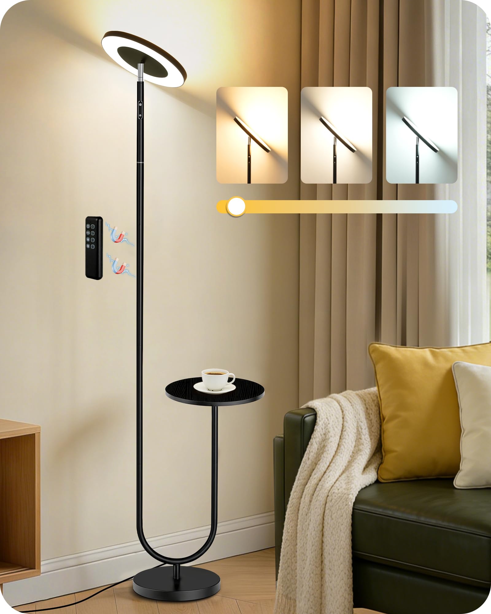 GOEBLESON LED Uplighter Floor Lamp with Side Shelf, Dual Light Dimmable Standing Lamp with Remote, 3 Colour Temperatures, 22W Uplight & 7W Reading Light, Modern Lamp for Living Room ZB24LDK05