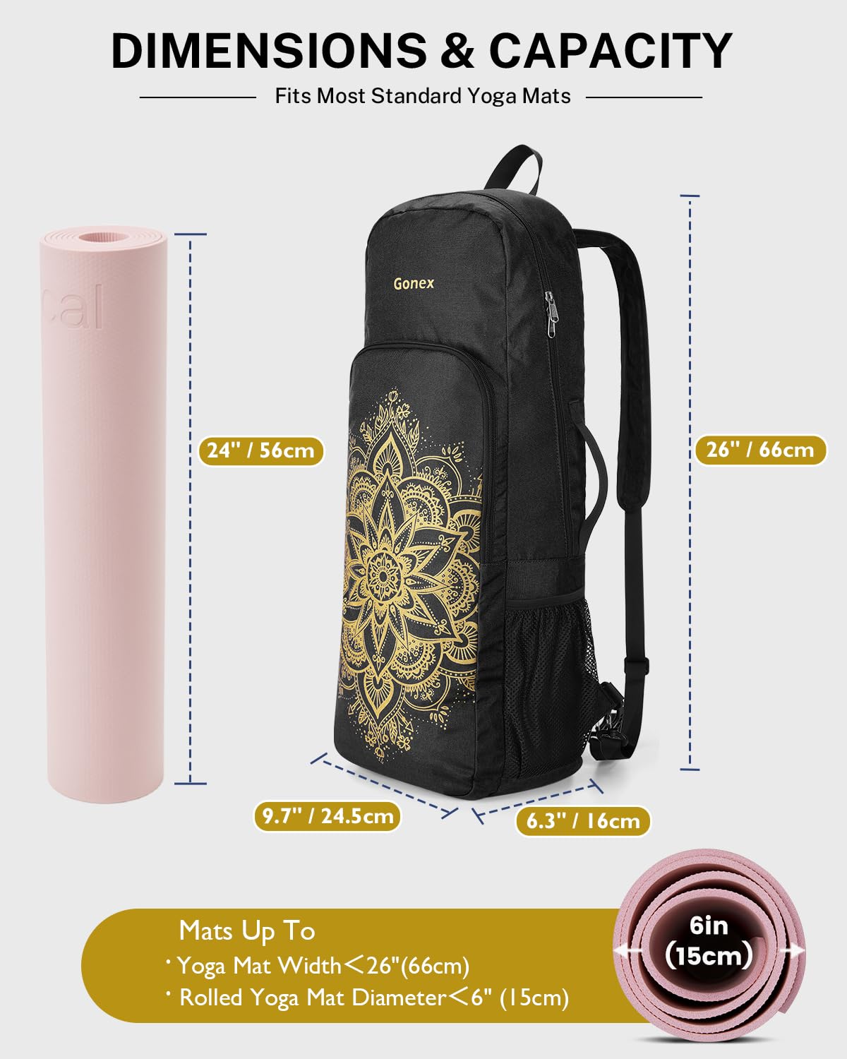 Gonex Sac de Yoga avec Portage 2 Façons, Sac à Dos Yoga Grande Capacité avec Compartiment Humide et Fermetures Éclair Métal, Sac à Dos Yoga pour Tapis de Yoga, Fitness et Voyage