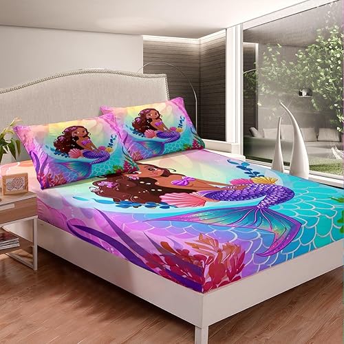 Miniatura 4 de Erosebridal Juego de sábanas y fundas de almohada de sirena para niñas negras, juego de sábanas psicodélicas bajo el agua, juego de sábanas florales