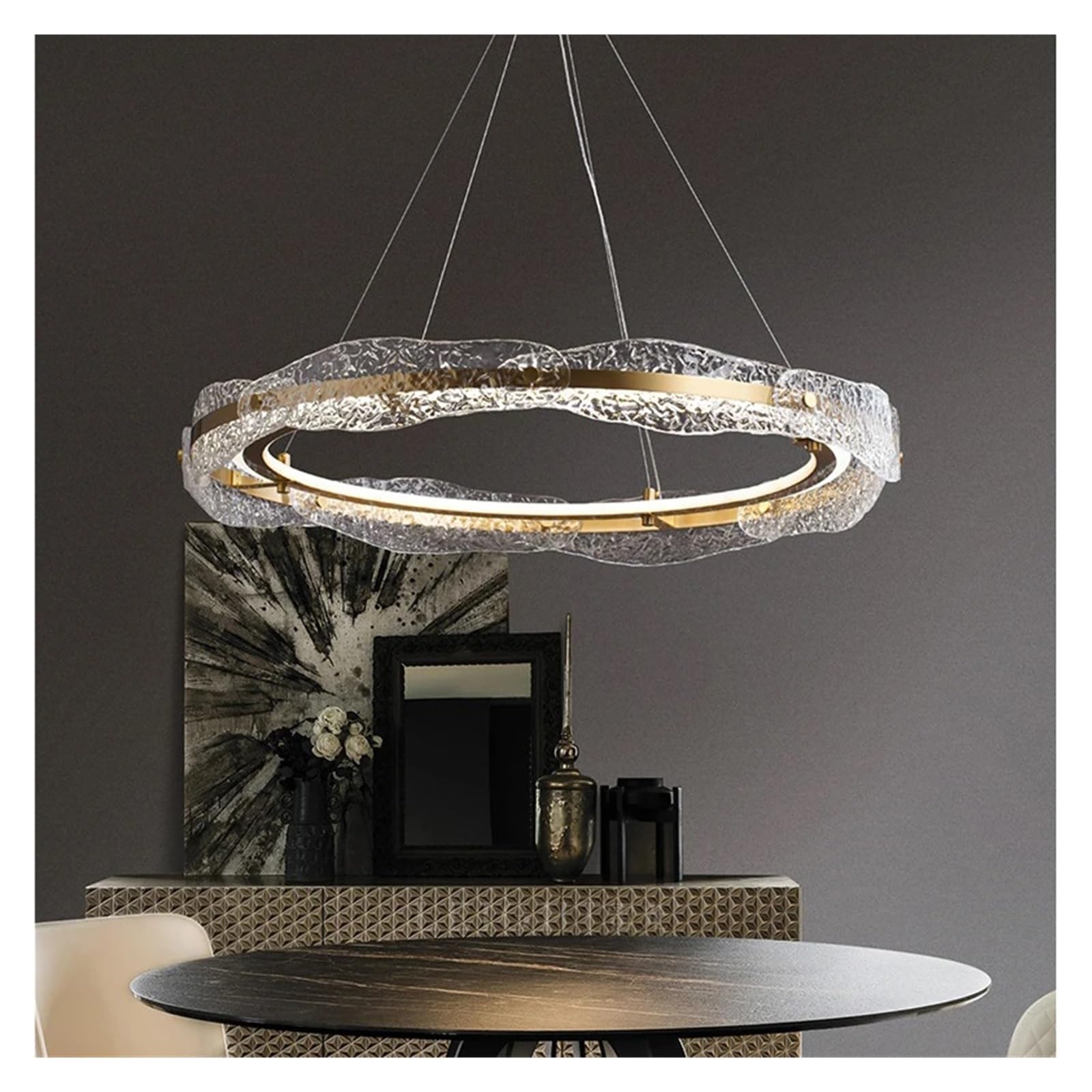 Olskfuh Size_name Light Luxury Chandelier Living Room Light Simple Circular Creative Water Pattern Glass Dining Room Lighting All Copper Lamps,-60Cm