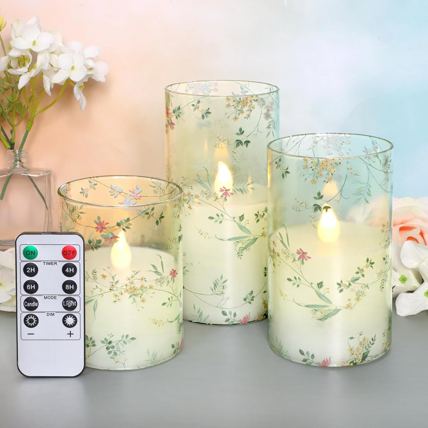 Lemon Decor Glass Flameless Candles, Flickering Battery Operated LED Real Wax Pillar Candles with Remote Timer for Holiday Spring Home Decorations, Set of 3