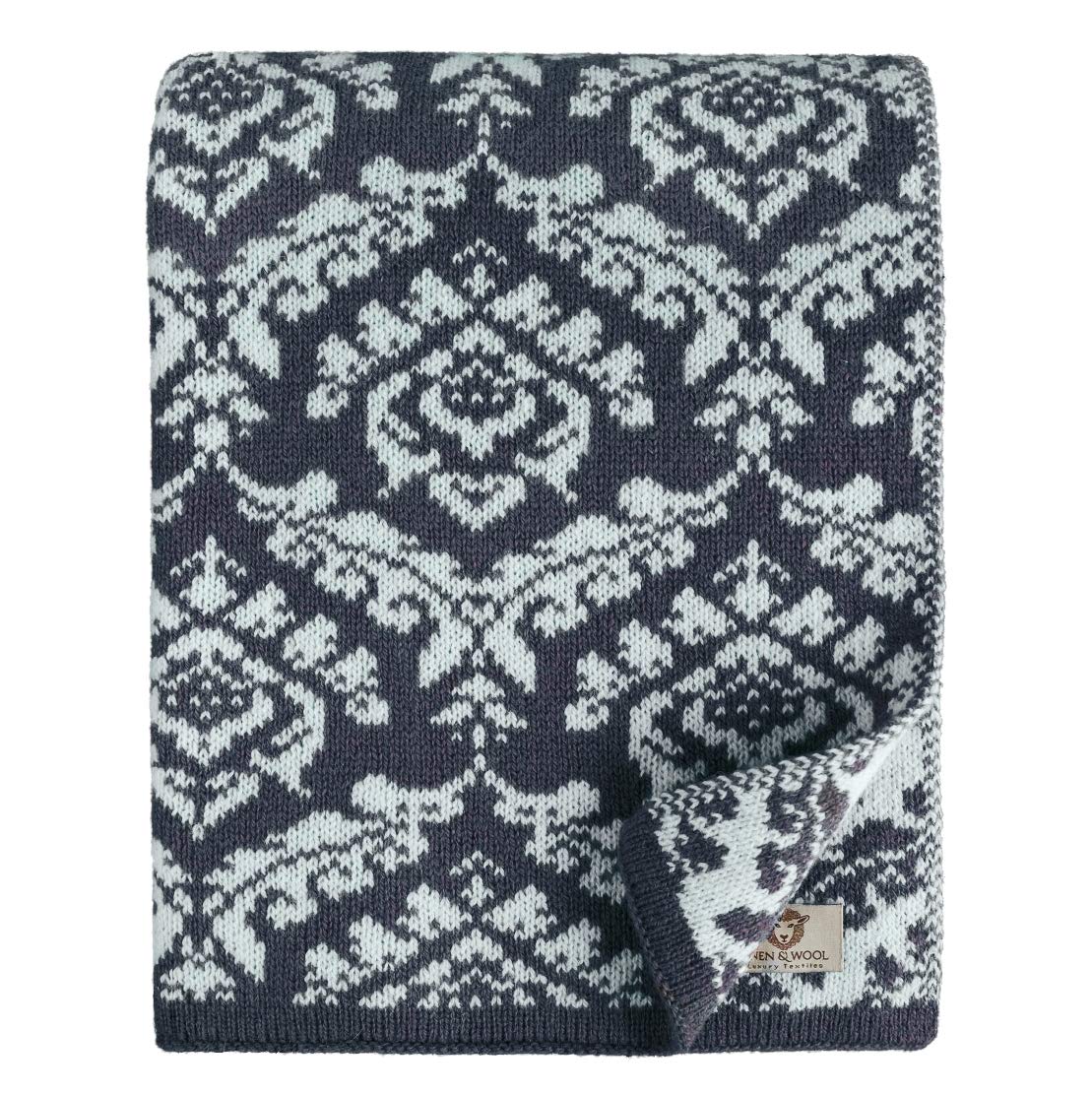 Linen & Cotton Jacquard Manta Para Sofá de Punto Caressa Damasco Patrón - 100% Pura Lana Nueva Zelanda, Azul Oscuro (135 x 180cm) Plaid Edredón Colcha de Cama Singolo Matrimonio para Invierno e Verano