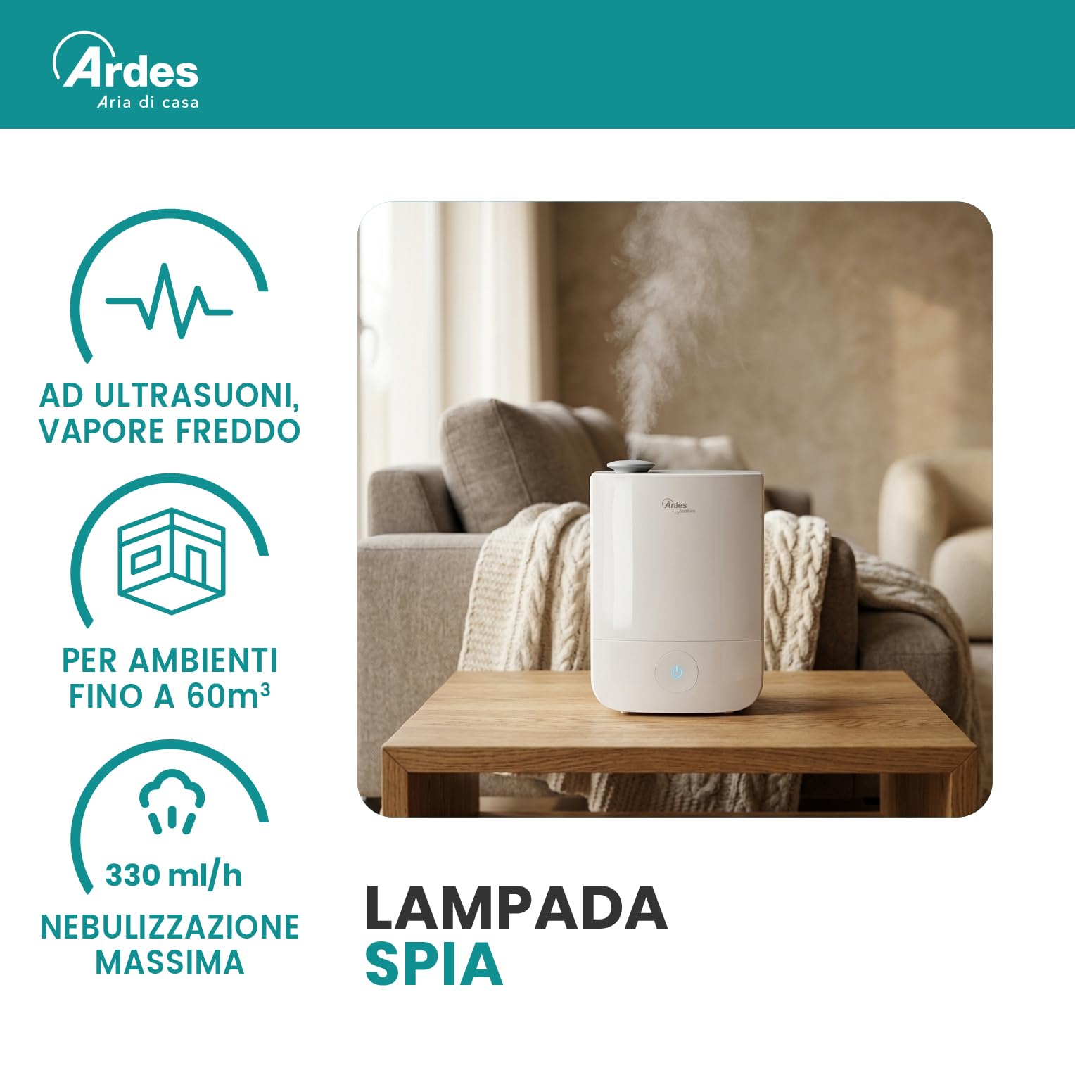 Ardes NEBULO Umidificatore a Ultrasuoni con 3 Livelli di Vapore, Comando Touch, Autospegnimento e Design Silenzioso, Bianco