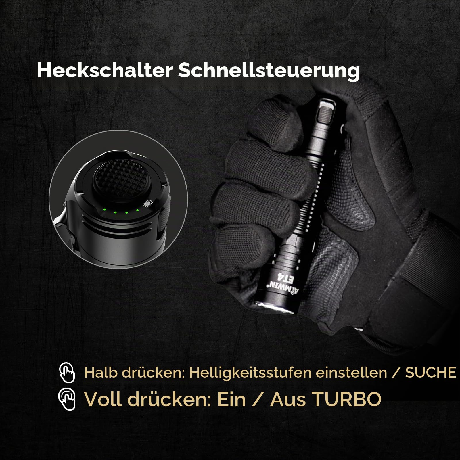 AIMWIN ET4 EDC Taktische Wiederaufladbare Taschenlampe 3500 Lumen 380m Reichweite 4 Helligkeitsstufen mit Sofort-Such-/Turbo-Modi Ein-Klick-Heckschalter USB-C Schnellladung Kompakte Handtaschenlampe