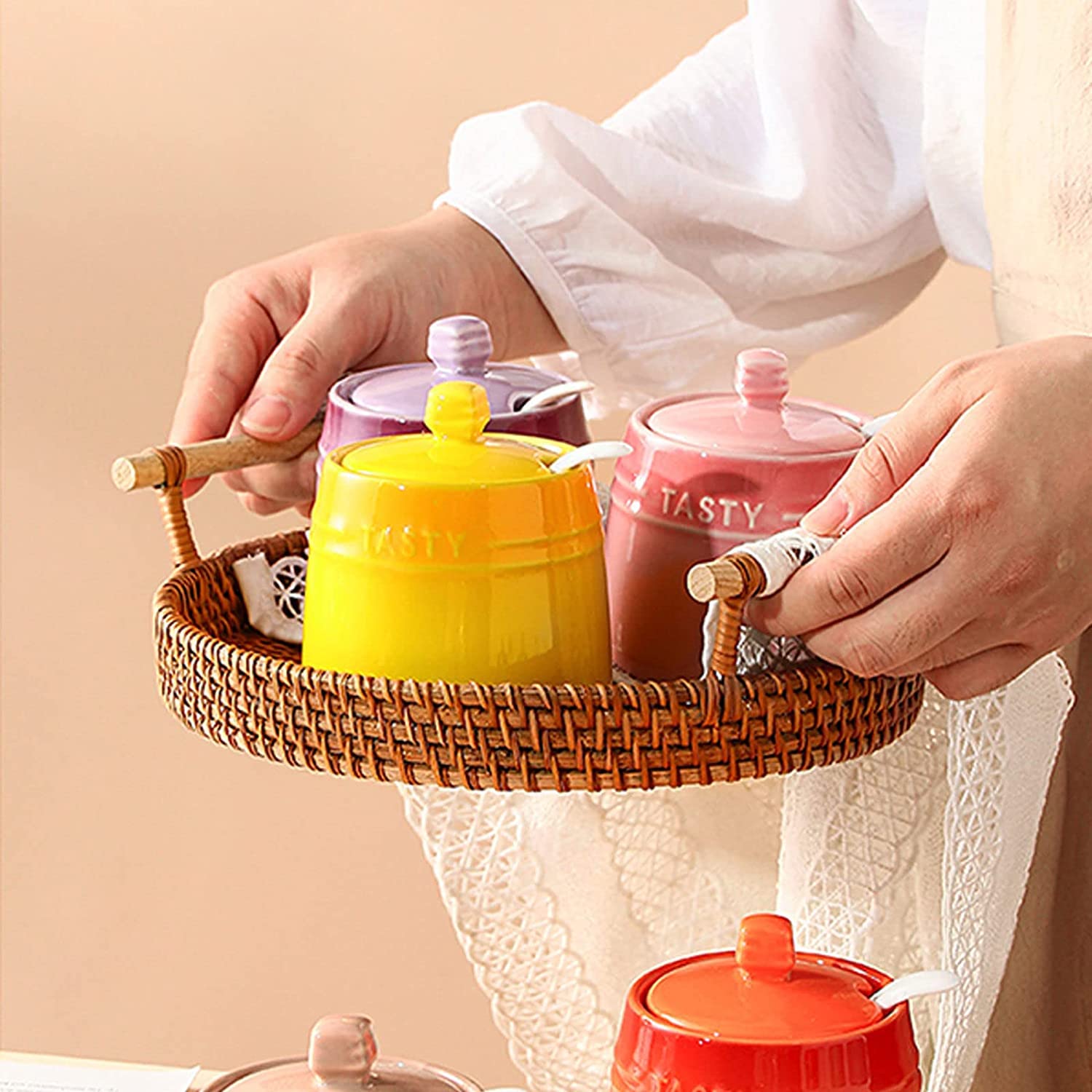 Azucarero de cerámica, jarra for crema, azucarero de cerámica con degradado francés con tapa, azucarero sólido con cuchara, tarro de especias de porcelana, decoración de cocina, almacenamiento, rojo (