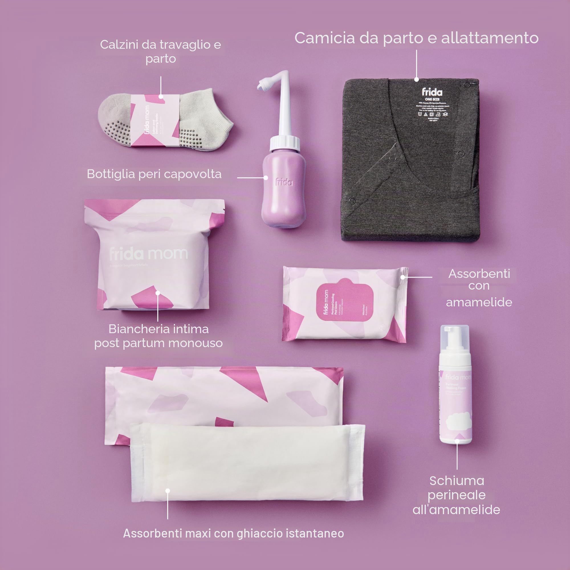 Frida Mom- Kit per il travaglio e recupero post-parto,include: Camicia da notte,Biancheria intima post-parto,Peri Bottle,Maxi assorbenti,Salviette refrigeranti,Schiuma all'amamelide,Calze antiscivolo