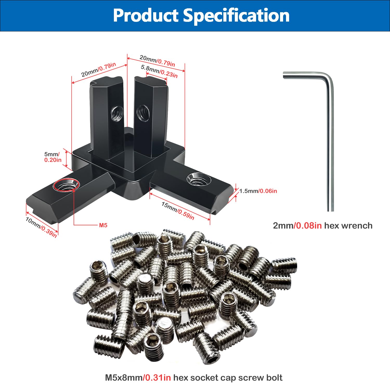 12PCS Black 2020 3-Way Corner Bracket Connector with 48Pcs M4 Screw and 1Pcs M2 Wrench for 2020 Series Aluminum Extrusion Profile