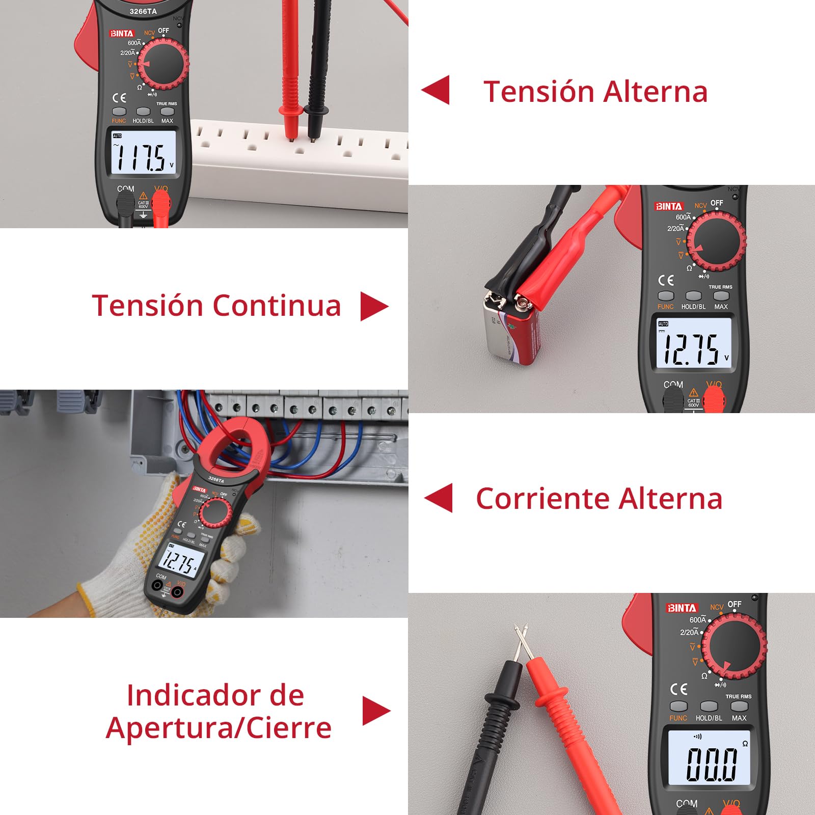 BINTA Pinza Amperimétrica, 600A 2000 Cuentas Pinza Multímetro Digital Profesional NCV TRMS Mide Voltaje CA/CC, Corriente Electricidad, Resistencia, Diodo, Función de Continuidad - con Iluminación