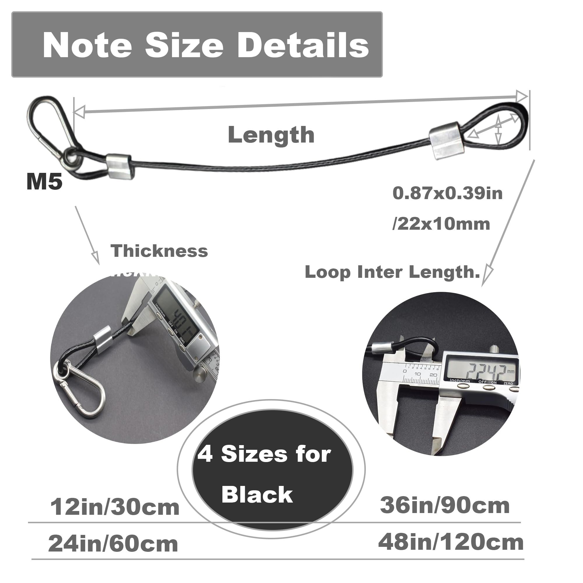 10 Stück 30 cm lange Vinyl-Überzug beschichtete Edelstahl-Drahtseile mit Schlaufen und Karabinerhaken, kurzes Sicherheitsseil, Schlüsselband, 4 mm dick, Schwarz