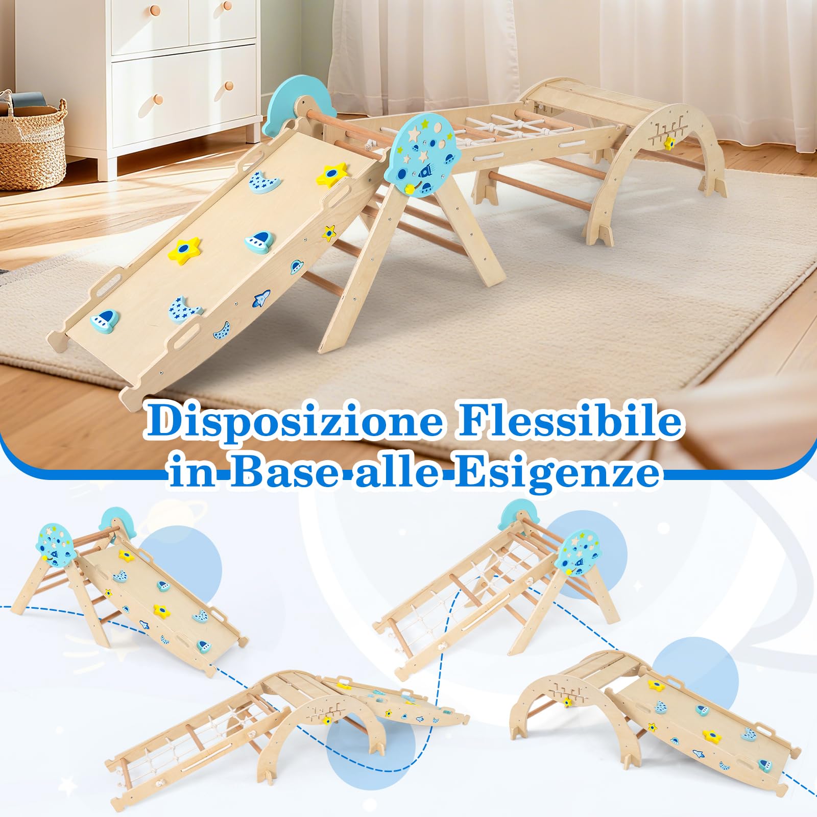 COSTWAY Set da Arrampicata in Legno per Bambini, Giocattoli Montessori 8 in 1 con Triangolo Arco Rampa e Corda, Naturale