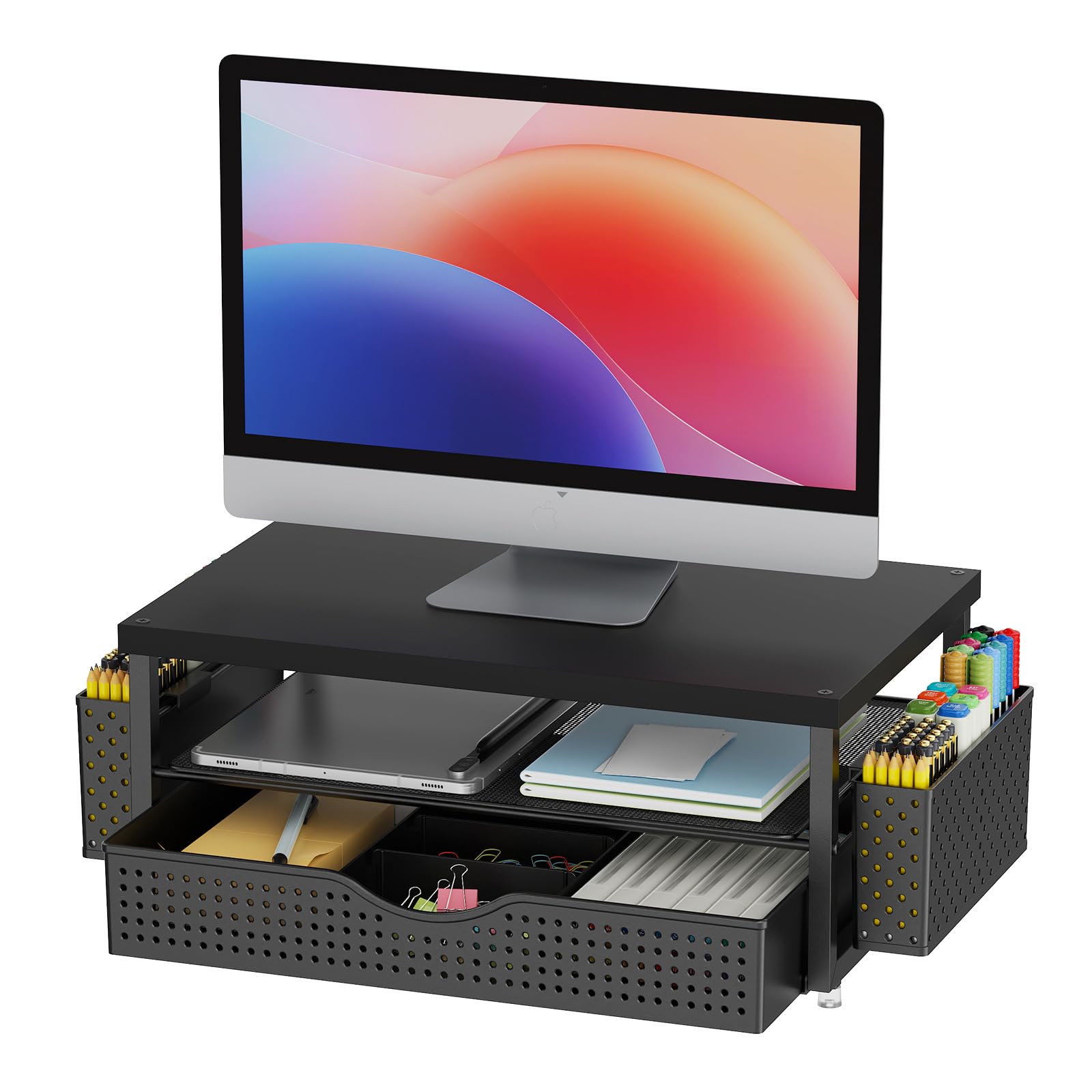 AMZGSHOP 2-Tier Computer Monitor Stand Riser with Drawer and 2 Pen Holders Desk Organizer Office Organizer Office Desk Accessories