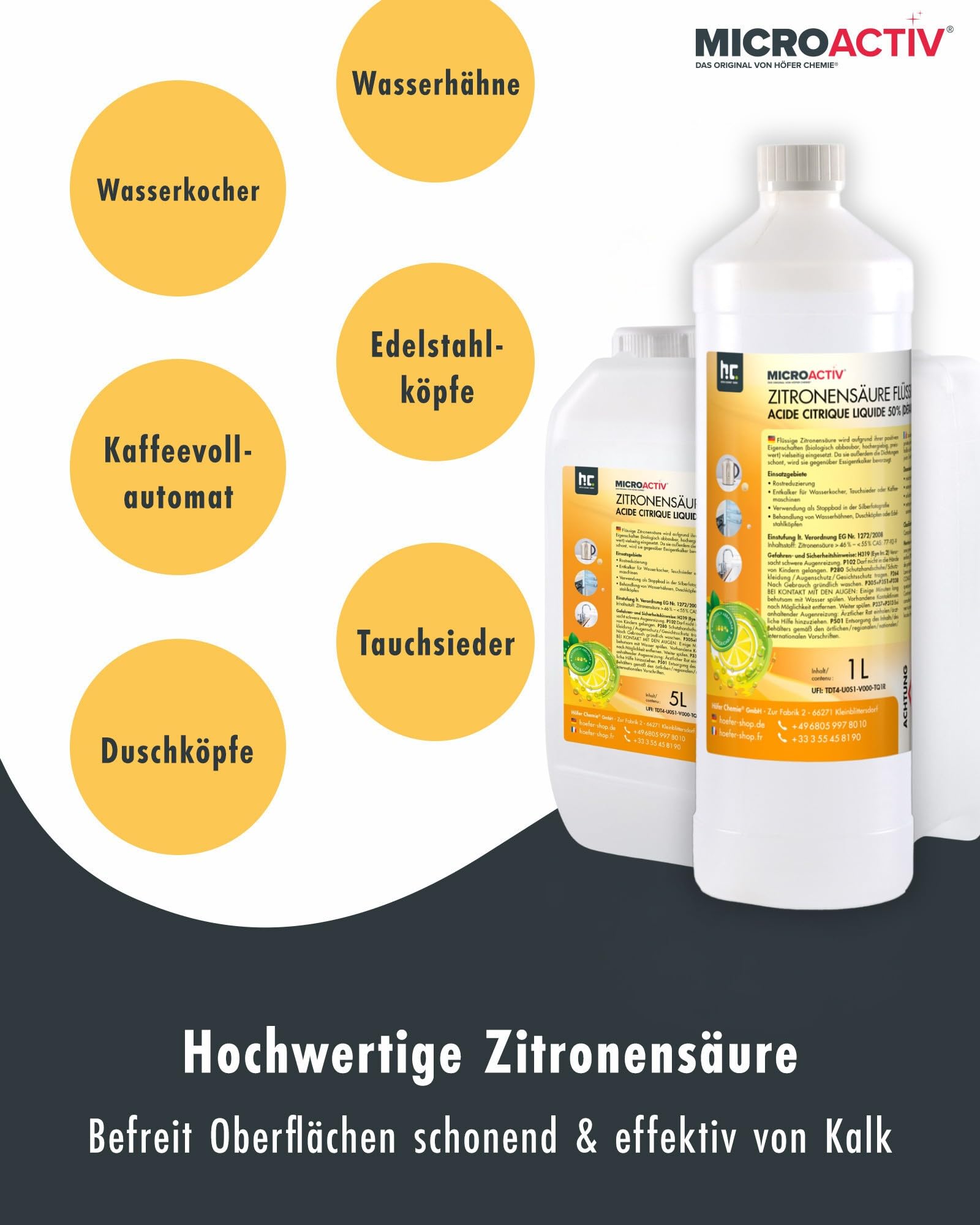 MICROACTIV Zitronensäure flüssig 4 x 5 L | Kraftvoller Entkalker für Kaffeevollautomat, Wasserkocher & Dusche - Biologisch abbaubar - Ideal im Haushalt