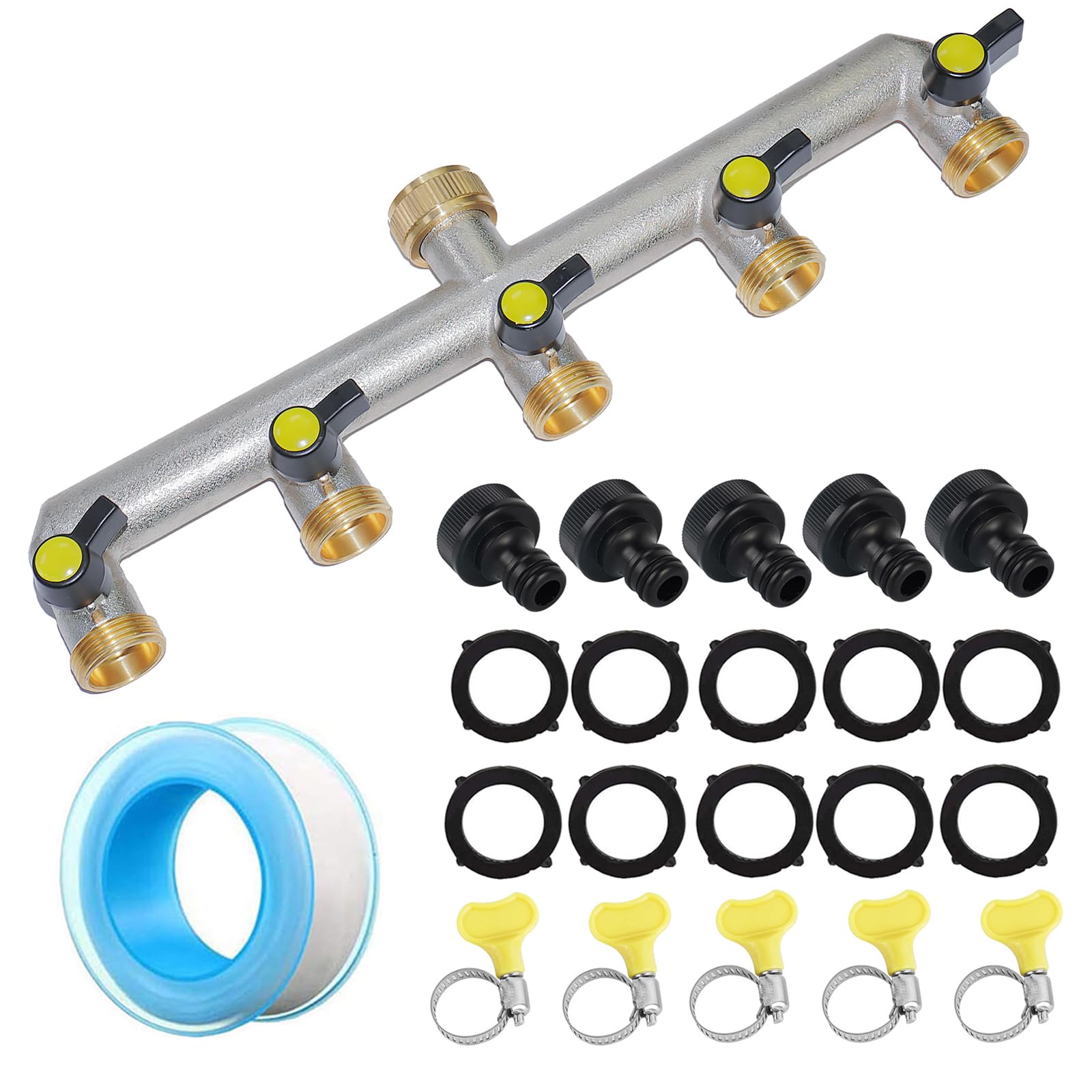 RoseFlower Divisor de Manguera de 5 Vías de Latón con Válvula Independientes, 3/4" Divisor de Manguera de Jardín - Bifurcador Grifo Jardin Distribuidor y Adaptador para jardinería, Riego doméstico