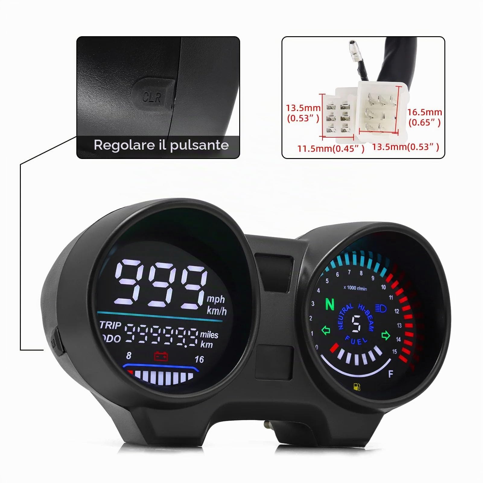Tachimetro per Moto, 12V 7 Colori Retroilluminato LCD Universale Display Digitale Contachilometri per Moto Tachimetro Indicatore Multifunzionale, per CG 125 2000-2008
