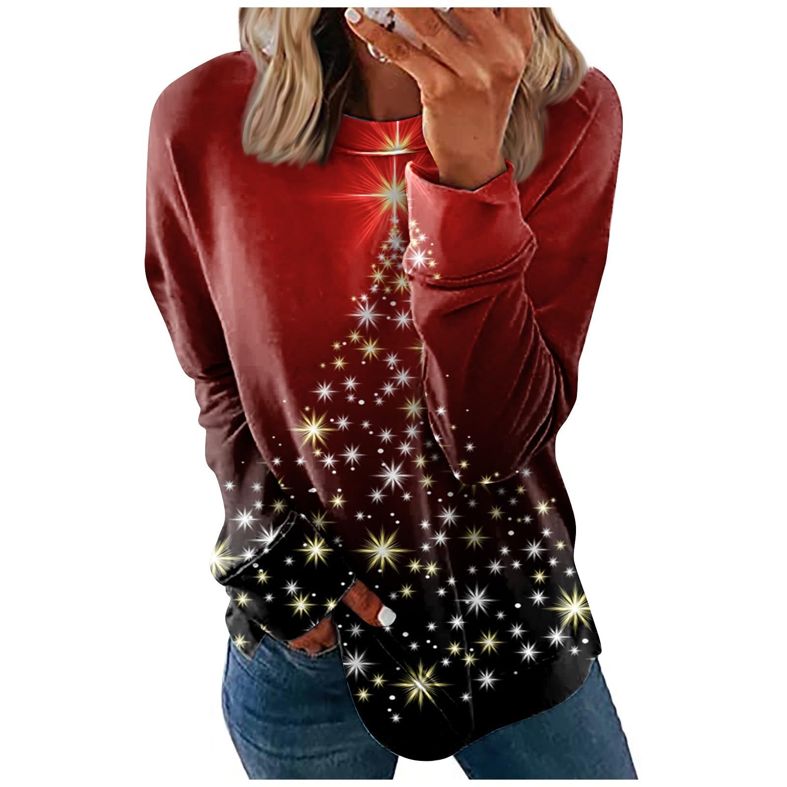 Splrit-MAN Christmas Jumpers for Women Snowflake Reindeer Print Ugly Christmas Jumpers Long Sleeved T Shirts Regular Fit Festival Shirts Casual Party Tops Funny T Shirts Oversized Sweatshirt