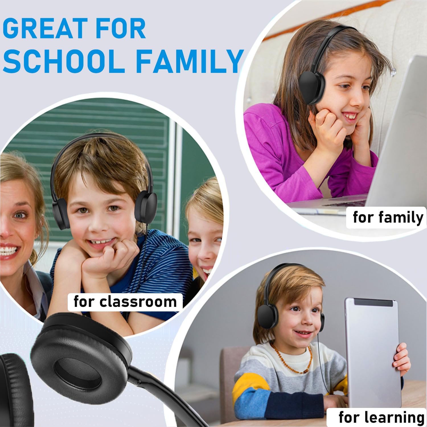 Confezione da 10 cuffie per bambini, scuola, classe, resistenti, set di classe per studenti, bambini, ragazzi, ragazze, adolescenti, jack da 3,5 mm (nero)
