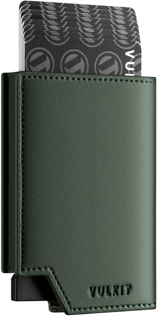 VULKIT Men's Wallet Minimalist Pop Up Card Holder RFID Blocking Magnetic Closure Leather Wallet with ID Window for Cash & Credit Cards Up To 11 Cards, Olive, Minimalist