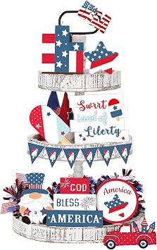FairySandy 15 Pcs 4th of July Tiered Tray Decor Set Wooden Patriotic Decorations Red White and Blue Rustic Farmhouse Signs American Flag Star Decor for 250th Anniversary Birthday Home Kitchen Party