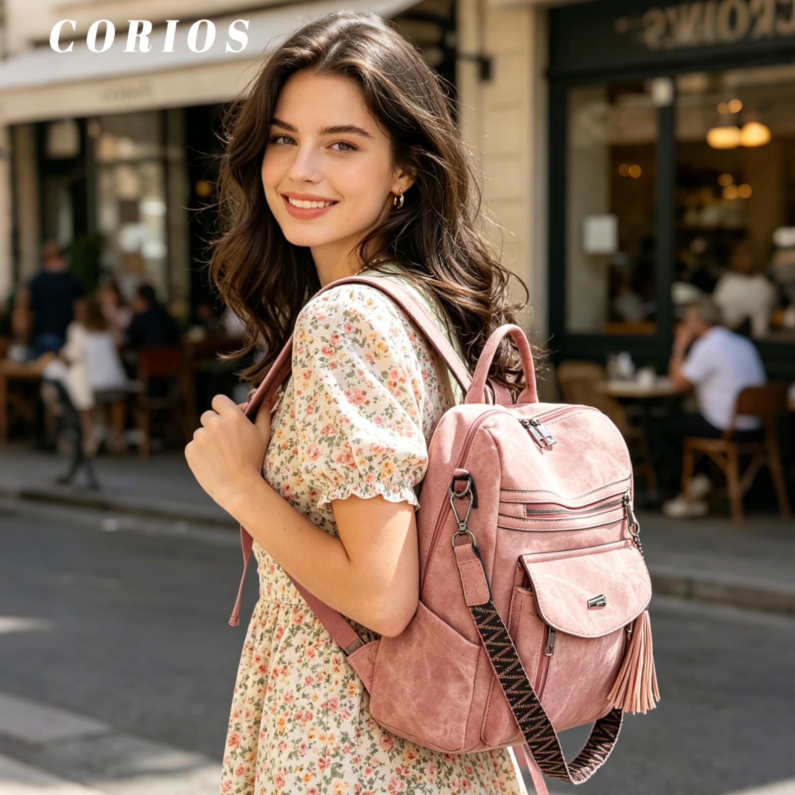 CORIOS Mochila con Flecos Mujer Bolso Mochilas de PU Cuero Morral Backpack de Múltiples Bolsillos Convertible Bolso de Mano de Hombro Bolsas de Escuela Daypack Retro Mochilas para Viaje Trabajo Rosa