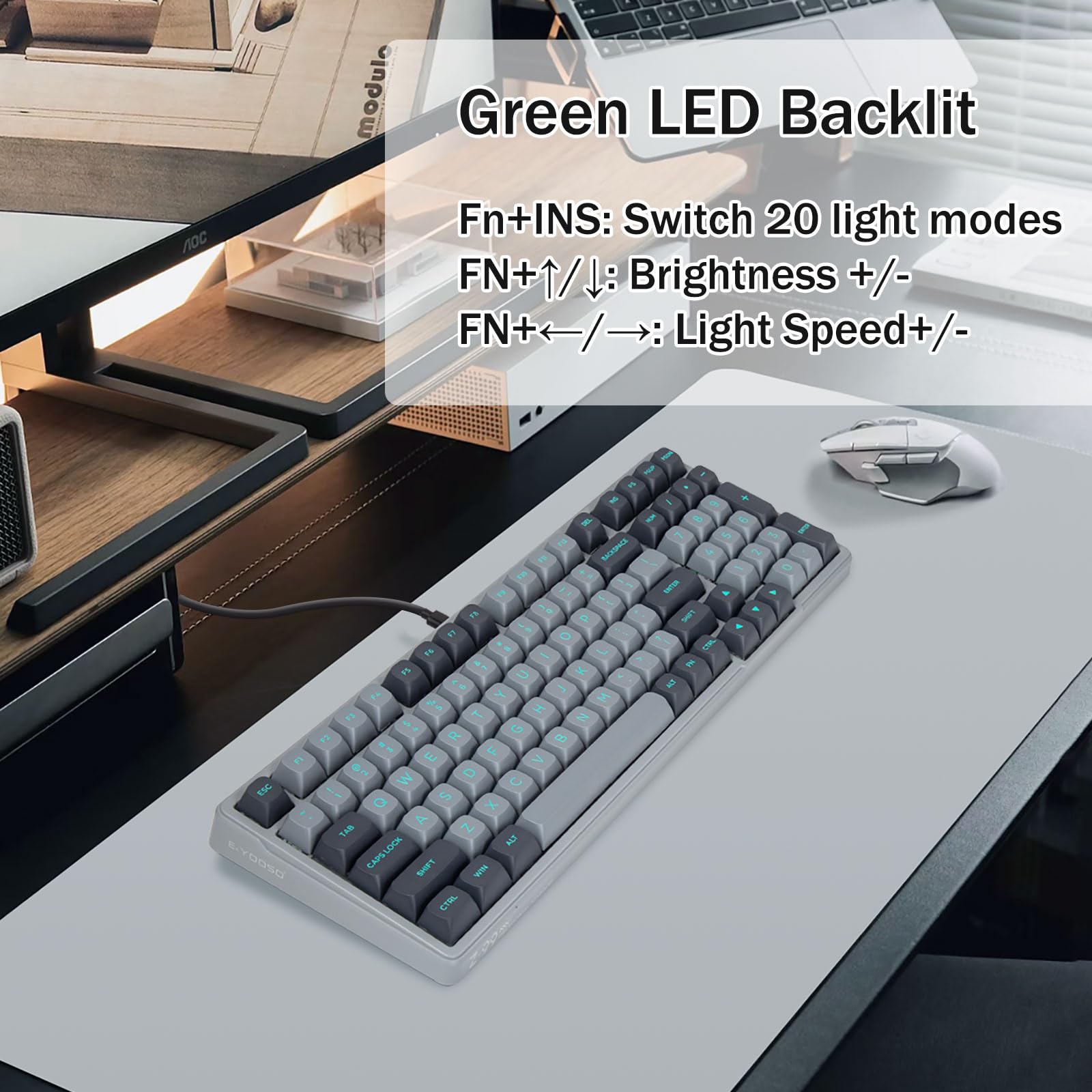 Tastiera meccanica da gioco cablata, suono cremoso, interruttori lineari pre-lubrificati, struttura della guarnizione con schiuma di smorzamento del suono, luce laterale RGB retroilluminata a LED