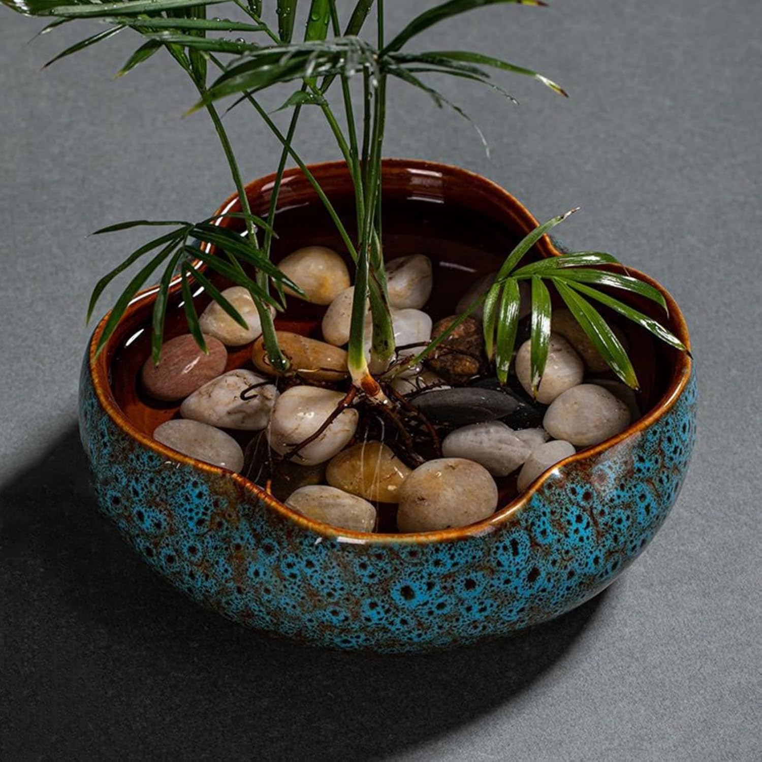 Lotus Bowl Planter,Round Lotus Bowl,Ceramic Lotus Flower Bowl,Lotus Bowls for Planting in Water Indoors,Applicable to Bonsai Bowl Lotus Flower,Succulent Plants Hydroponic Plant Home Decor (Blue+S)