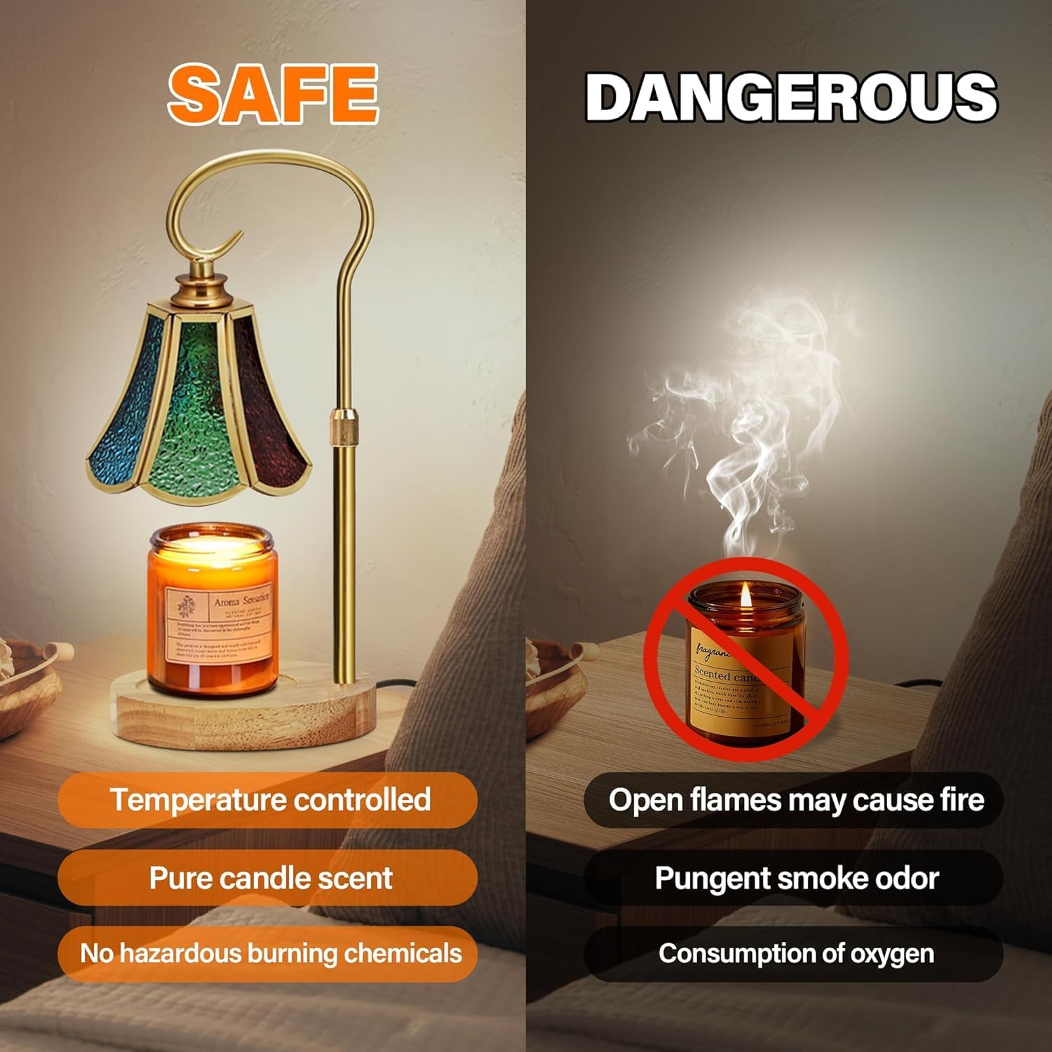 Handmade Vintage Candle Warmer Lamp with Adjustable Height, Dimmer & Timer, Glass Lampshade, 2 GU10 Bulbs Included, Electric Wax Melt Aroma Warmer for Home Décor