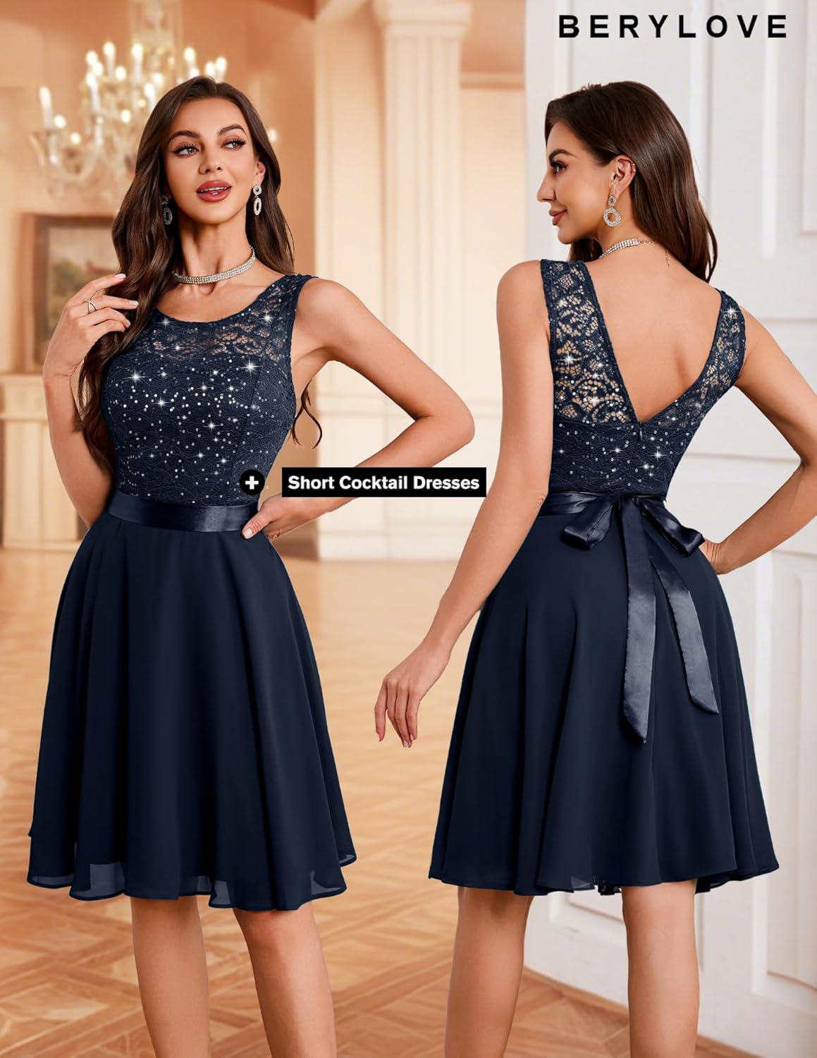 BeryLove Women's Short Prom Dresses for Teens Sleeveless Flowy A Line Wedding Guest Lace Formal Dress - Image 2