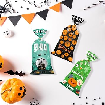 idolpack 50 Pack Halloween Cellophane Treat Bags, Cello Candy Bags with Twsit for Halloween Trick or Treat Party Supply