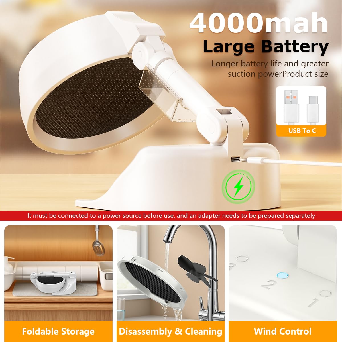 Supvox® Desk Range Hood High Power Smoke Extractor Fan with 3 Adjustable Speeds, Rechargeable 4000mAh Battery Version, Oil Stain Collection Box, Effective Smoke Removal for Home Cooking and Indoor 4