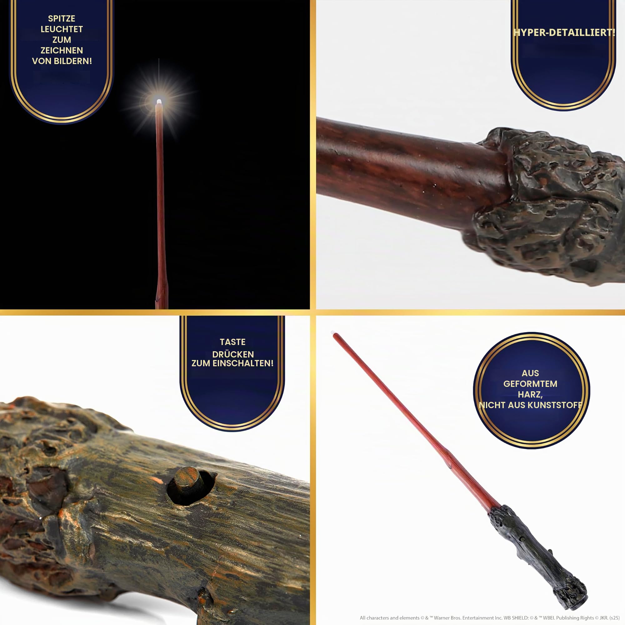 Harry Potter Zauberstab Harry Potter mit LED-Lichtspitze, 1:1 Filmreplik Handbemalt aus Harz, mit Geschenkbox & App für Lichtmalerei, batteriebetrieben