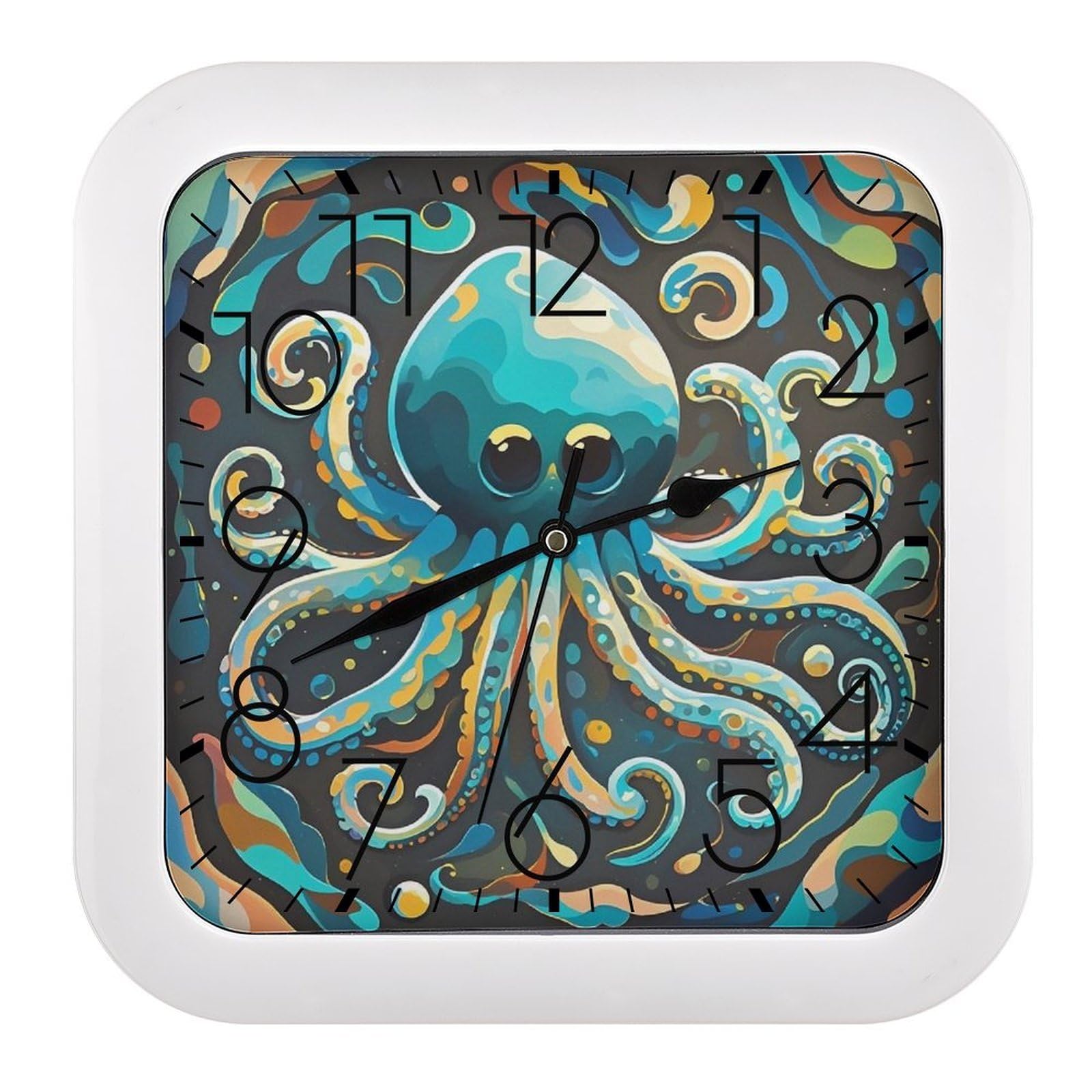 FekiLoot Square Abstract Octopus Wall Clock Decorative Battery Operated Analog Clocks Silent Non-Ticking Frame Wall Clocks Perfect Kitchen Or Office Clock 10 Inch