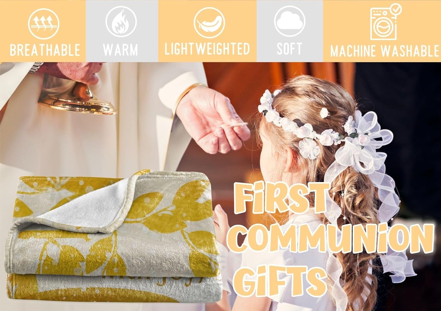First Communion Gifts for Girls/Boys, Bed Flannel Plush Blanket - Cross - Golden - 50"x 65"