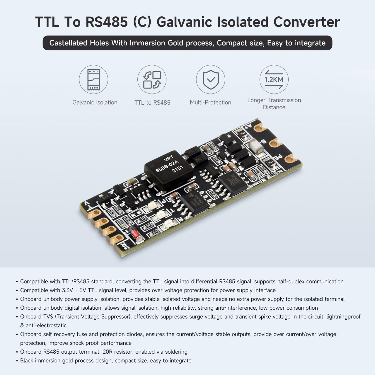 Waveshare TTL To RS485 (C) Galvanic Isolated Converter, Half-Duplex Communication, Lightningproof & Anti-Surge, Multi-Isolation Protection