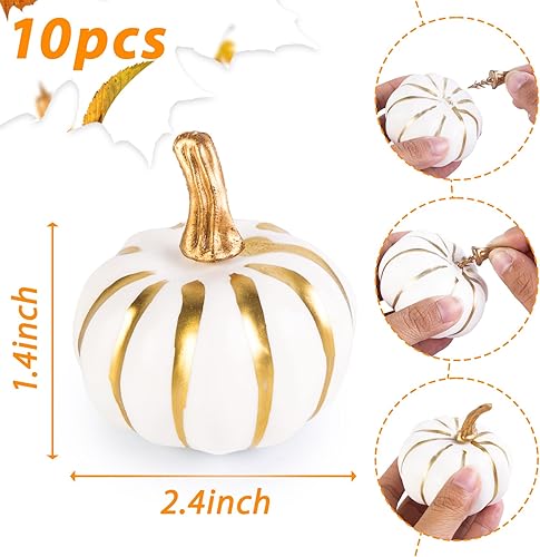 Miniatura 3 de BigOtters 10 calabazas para decoración, calabazas artificiales con líneas doradas, pequeñas calabazas blancas de espuma para decoración de mesa de