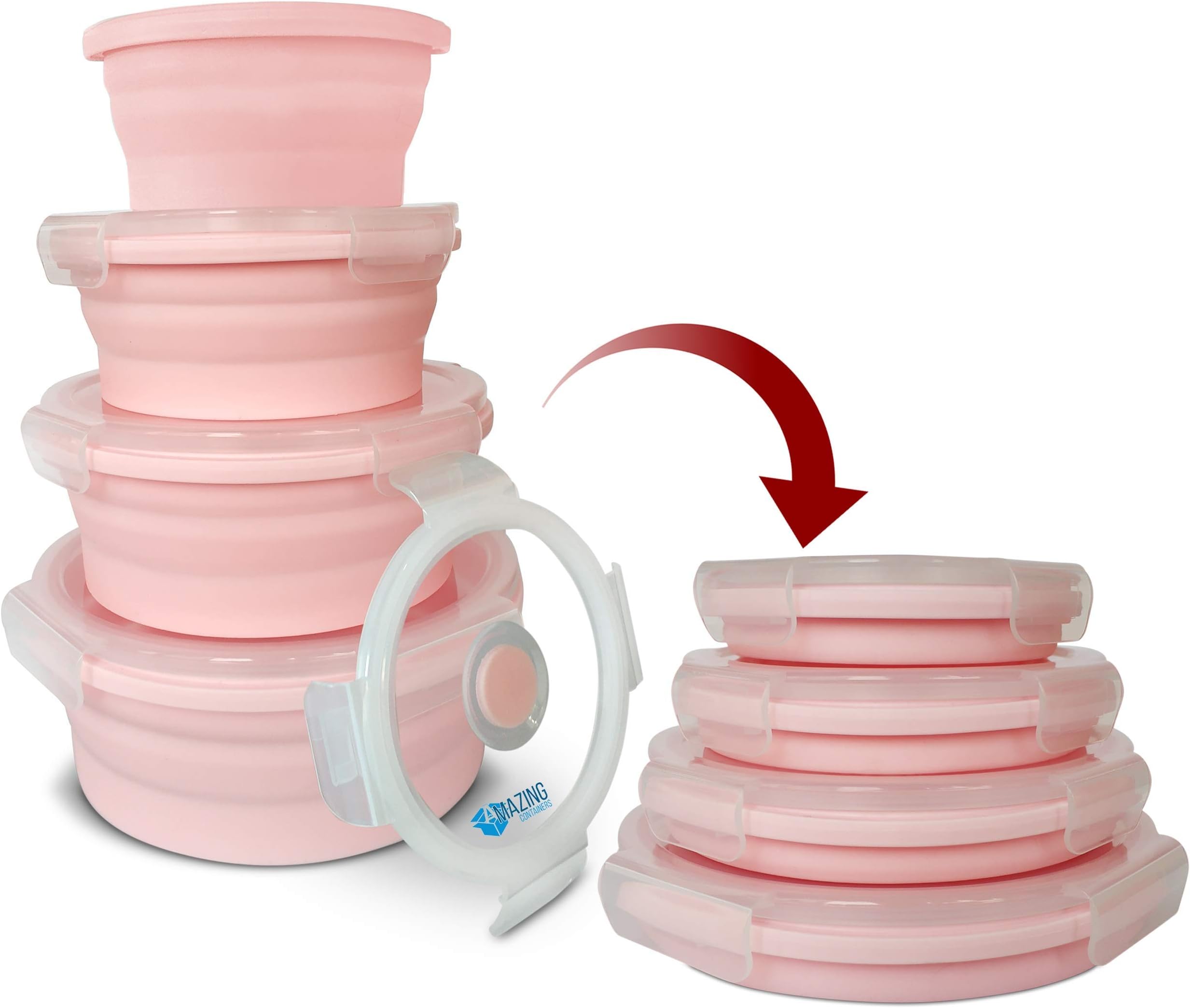 Silicone Collapsible Food Storage Containers with Lid | Collapsible Camping Bowls|Round food storage containers for Travel, Stackable & Space Saving| Microwave, Dishwasher and Freezer Safe (Pink)