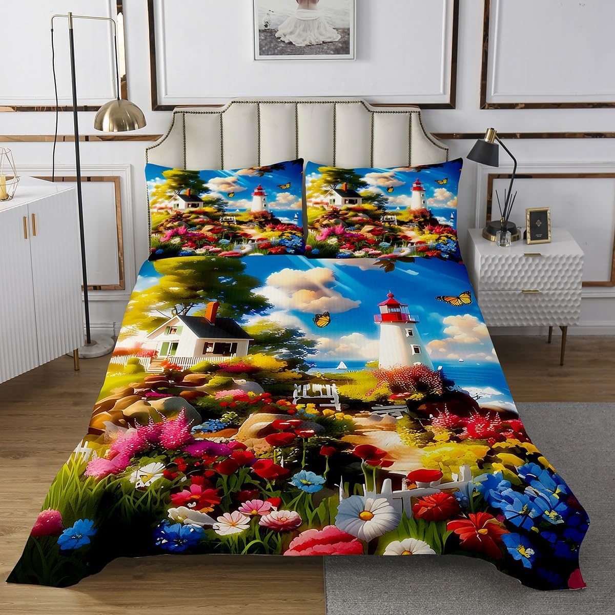 Erosebridal Ocean Beach Quilt Set Queen Size 3D Anime Lighthouse Bedspread Set Daisy Floral Butterfly Bedspread Sets for Adults Kids Summer Vacation Coverlet Set with 2 Pillowcases
