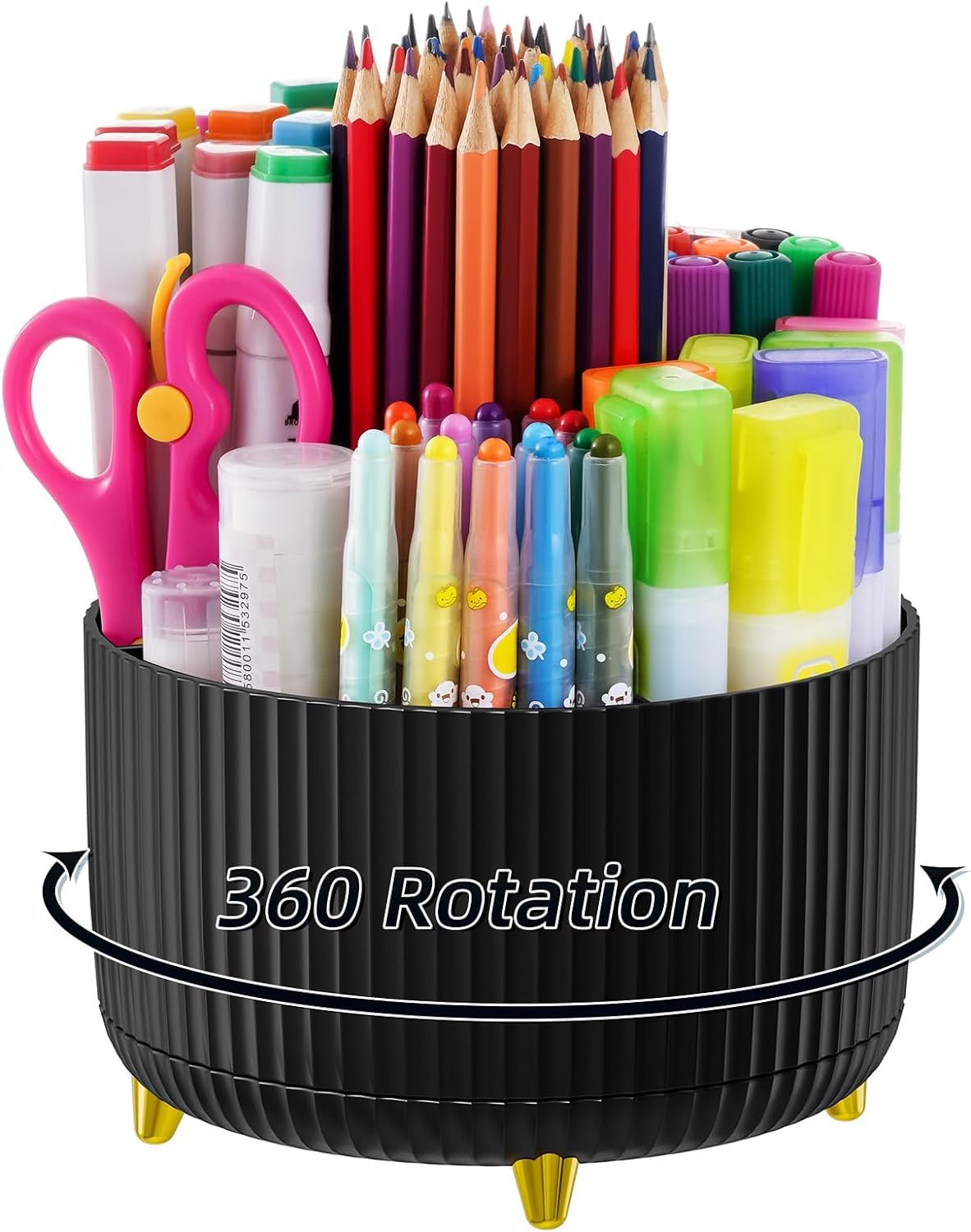 Pencil Pen Holder for Desk, 5 Slots 360Degree Rotating Pencil Pen Organizers for Desk, Desktop Storage Stationery Supplies Organizer, Cute Pencil Cup Pot for Office, School, Home, Art Supply (Black)