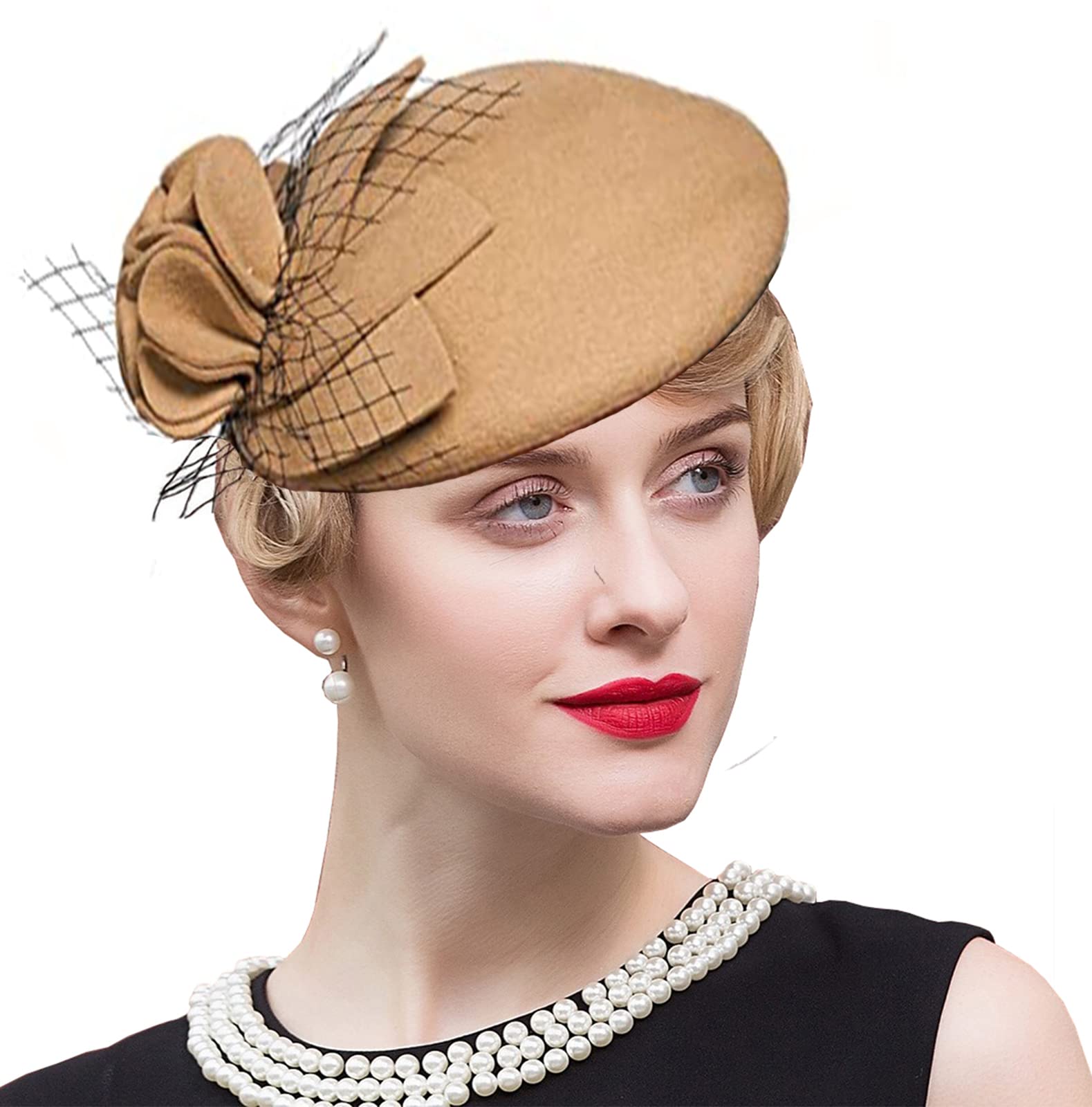 Tlmnu Women's A5-Camel Fascinator Hats For - Tea Party 100% Wool Hats Fascinators Kentucky Headband Felt Derby Hat Wedding Cocktail Mesh, One Size