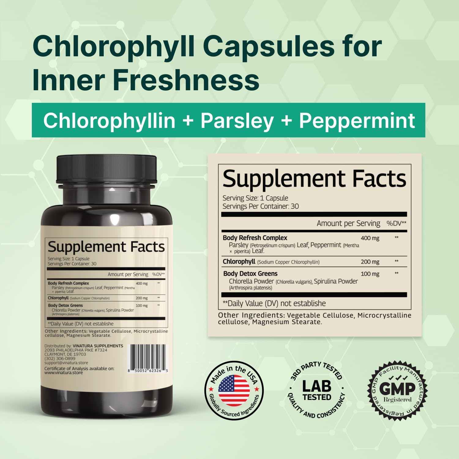 VINATURA Body Deodorizing Supplement for Women - Magic Chlorophyll Pills for Body Odor Eliminator, it Works for Her Internal Deodorant, 30 Capsules - Image 2