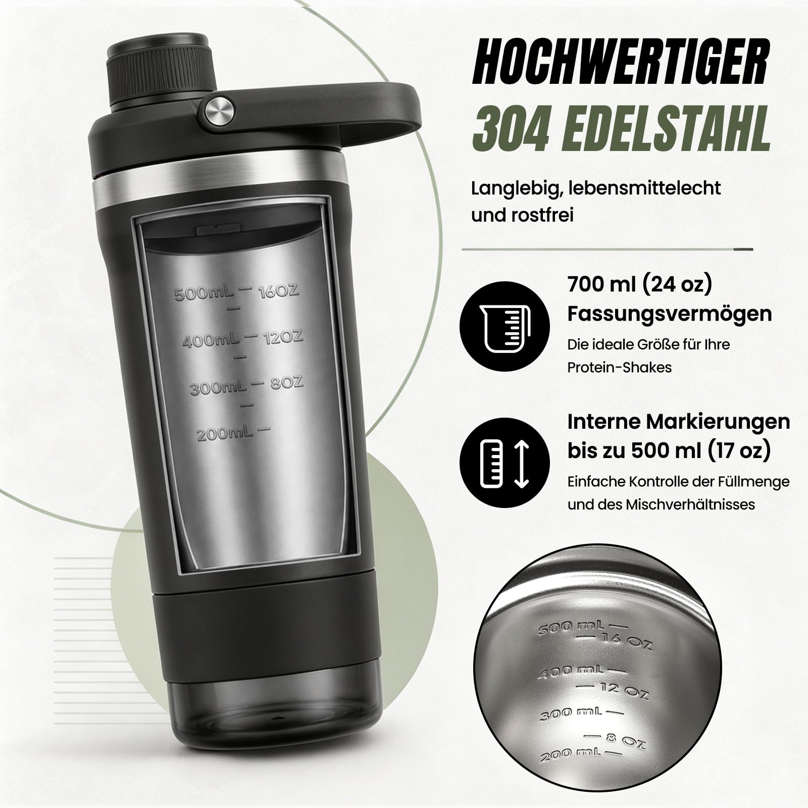 Shaker Proteinas Acero Inoxidable 700ml, Mezclador de Proteinas con Compartimento Polvo, Filtro Desmontable, Aislamiento Doble Pared, Antigoteo, BPA Free, Perfecto para Tiempo Libre y Fitness