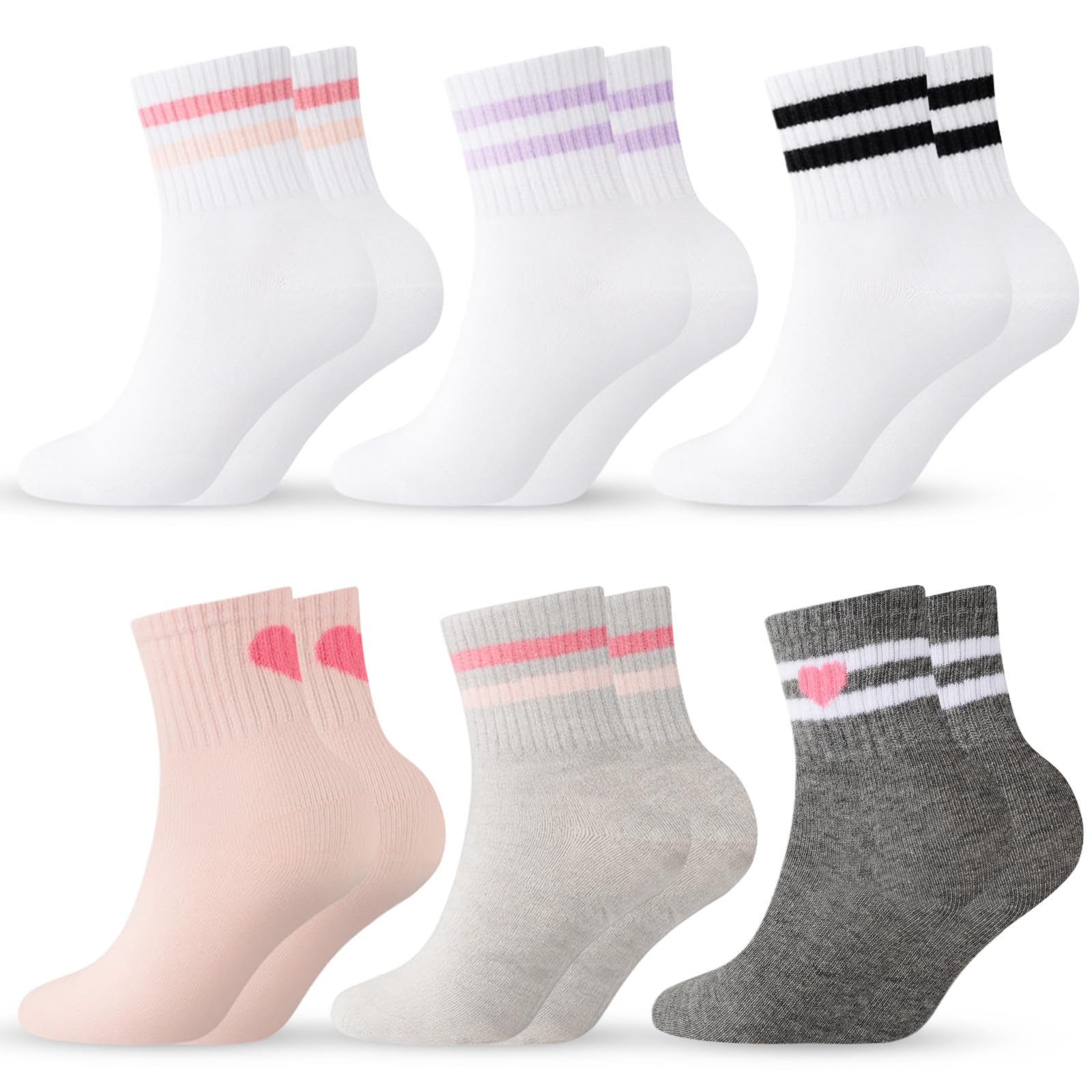 Lot de 6 paires de chaussettes de sport en coton pour enfants avec rayures mignonnes cœurs, chaussettes extensibles pour filles et garçons de 3 à 12 ans