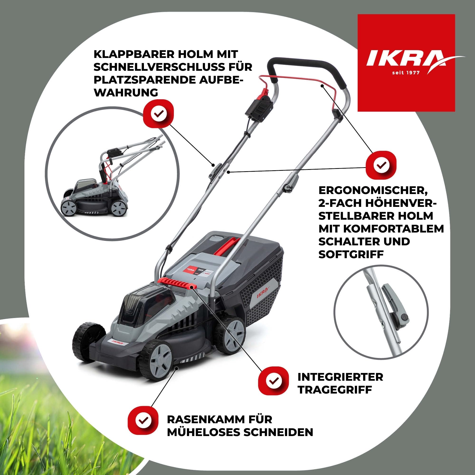 IKRA Rasenmäher IB-LM 33, Schnittbreite 33cm, ohne 36V Akku & Ladegerät | Kompatibel mit Bosch, empfohlene Rasenflächen bis 250m², Schnitthöhe 30-70mm, Fangkorb 30l, leicht, kompakt & ergonomisch