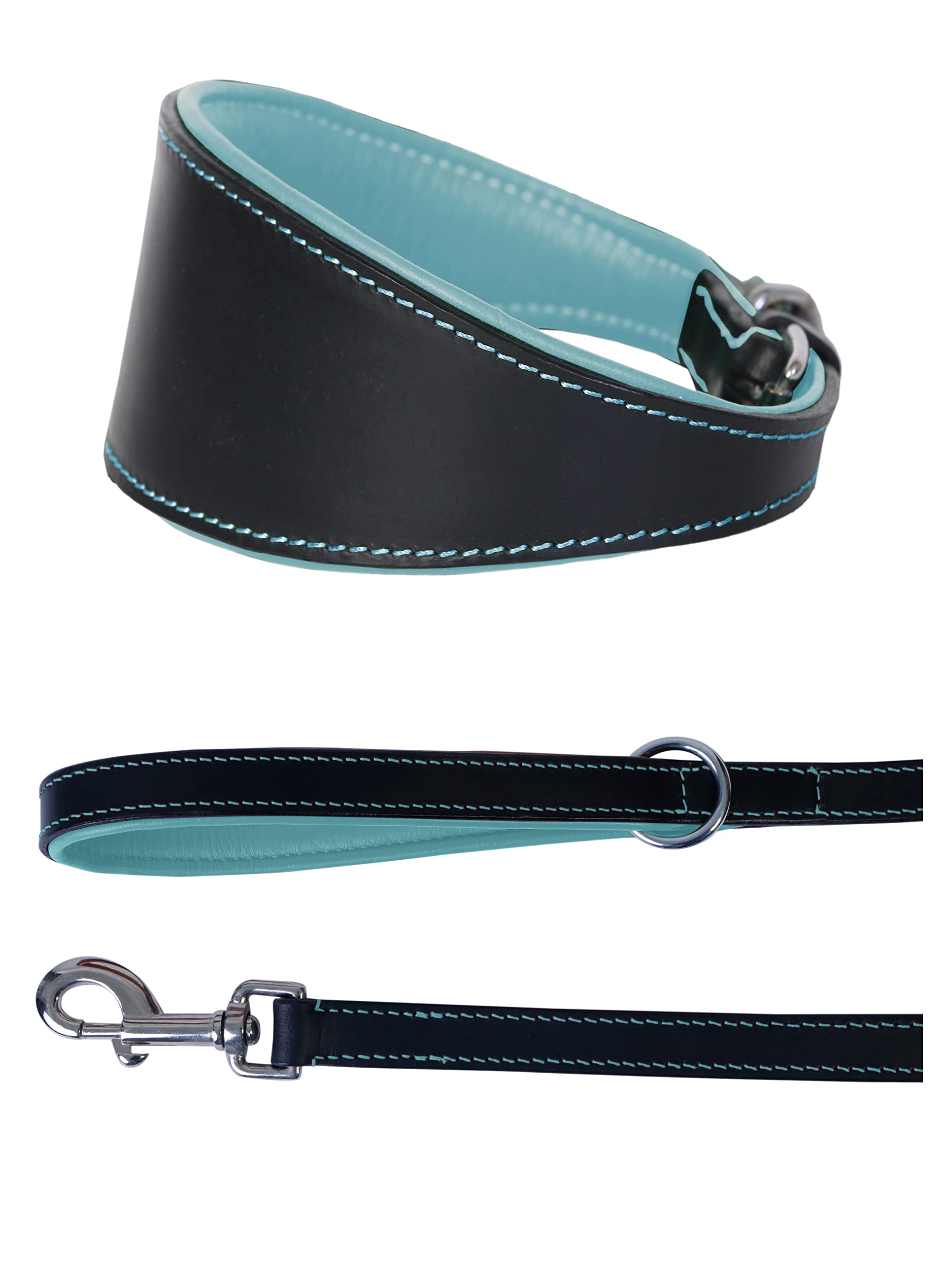 Ace Dog Collars Set - Comfy Padded Leather Collar (16" Collar – will fit 12” to 14”) + Matching Leather Lead In Black with Baby Blue lining ~ Length 44" (110 cm).