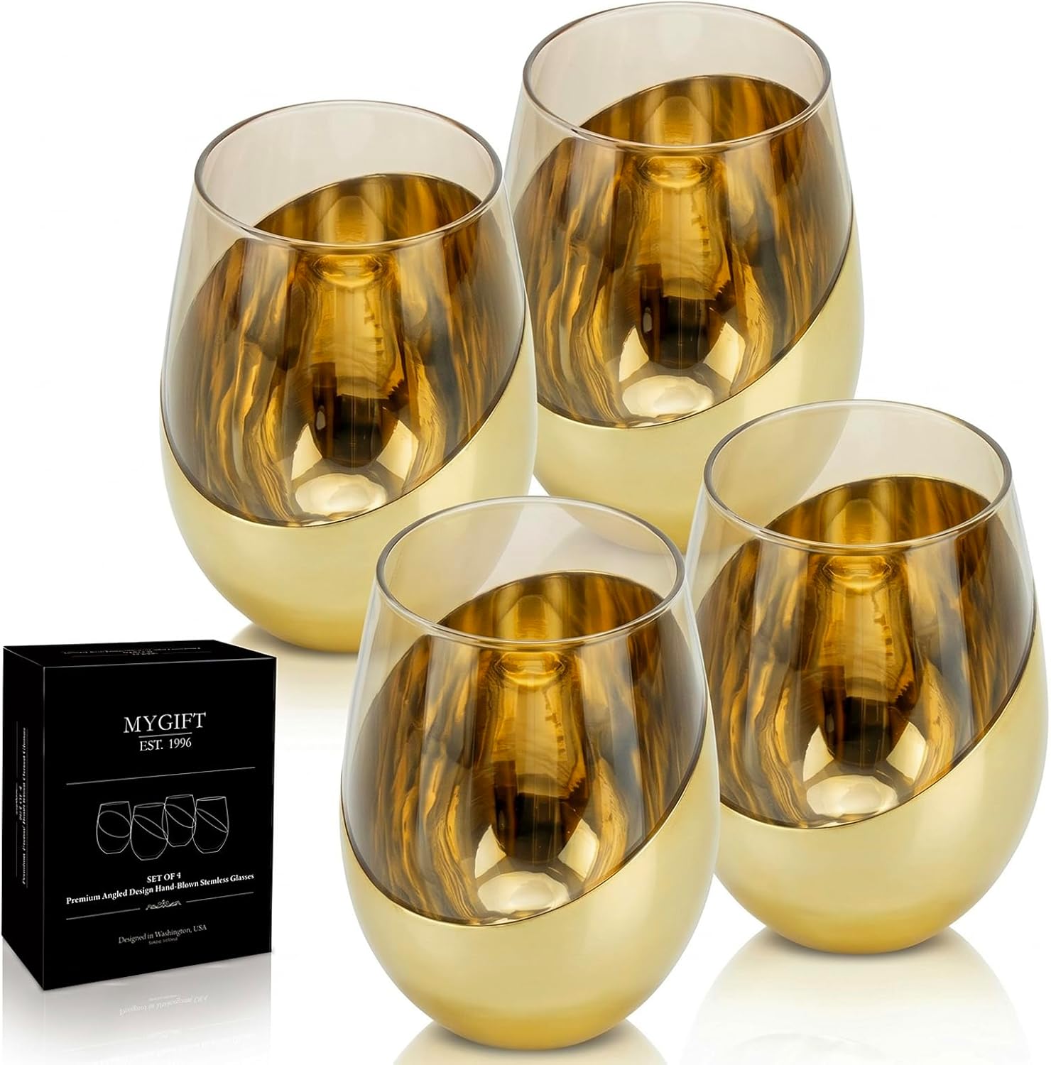 MyGift Stemless Wine Glasses Set of 4 - Copper Accent Modern Barware, Elegant Wedding & Celebration Cups with Luxe Metallic Finish, Dishwasher Safe